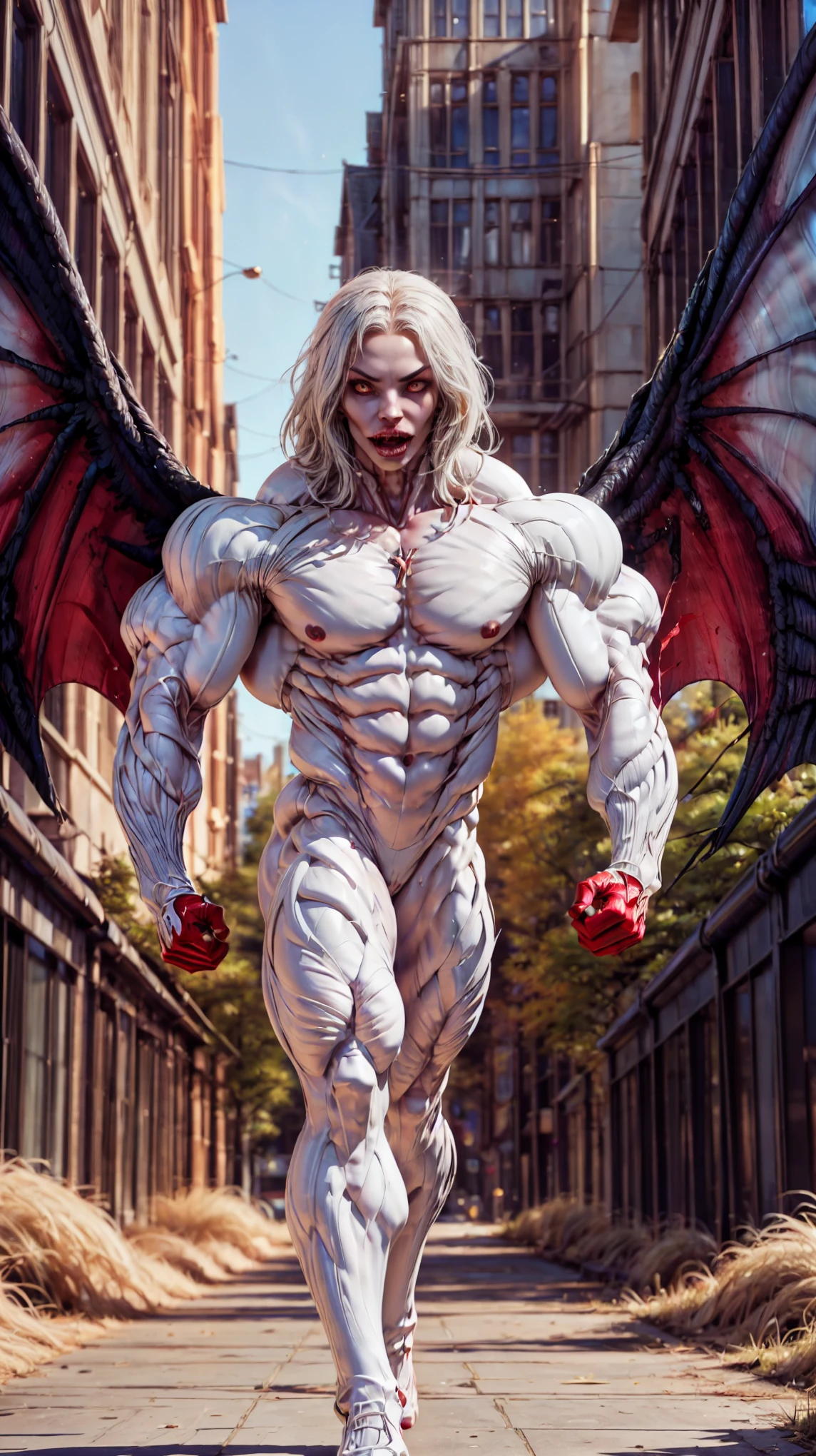 (((carnage & witchblade style)), Megan Fox as a naked muscular winged vampire Lilith rising from a sea of red blood, ((full body pose:1.25)), (((Megan Fox))), (((grotesque skinless bio-suit made of flesh, muscles, tendons and veins:1.25))), ((red glowing eyes:1.45)), ((Female Bodybuilder:1.25)), ((((huge upper body & wings)))), (((background with a red moon and sea of blood))),(perfect fingers:1.25). The color grading is beautifully done, enhancing the overall cinematic feel. Unreal Engine makes her appearance even more mesmerizing. With depth of field (DOF), every detail is focused and accentuated, drawing attention to her eyes and hair. Peak image resolution utilizing super-resolution technology ensures pixel perfection. Cinematic lighting enhances her aura, while anti-aliasing techniques like FXAA and TXAA keep the edges smooth and clean. Adding realism to the muscular vampire succubus , RTX technology enables ray tracing. Additionally, SSAO (Screen Space Ambient Occlusion) gives depth and realism to the scene, the girl's presence even more convincing. In the post-processing and post-production stages, tone mapping enhances the colors, creating a captivating visual experience. The integration of CGI (Computer-Generated Imagery) and VFX (Visual Effects brings out her demonic features seamlessly . Incredible level of detail, with intricate elements meticulously crafted, the artwork hyper maximalist and hyper-realistic. Volumetric effects add depth and dimension, with unparalleled photorealism. 8k resolution rendering ensures super detailed visuals. The volumetric lighting adds a touch of magic, highlighting her beauty and aura in an otherworldly way. High Dynamic Range (HDR) tech makes the colors pop, adding richness to the overall composition. Ultimately, this artwork presents an unreal, yet stunningly real portrayal of an incredibly beautiful vampiric succubus girl. The sharp focus ensures that every feature is crisply defined, creating a captivating presence.