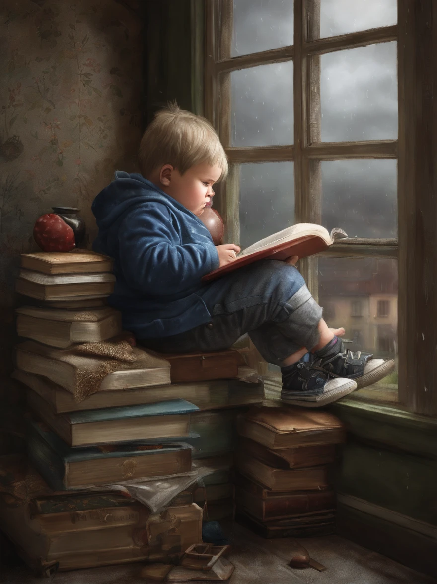 Chubby Boy, wearing a , sitting and reading a book, by the window, looking out the window, overcast, raining