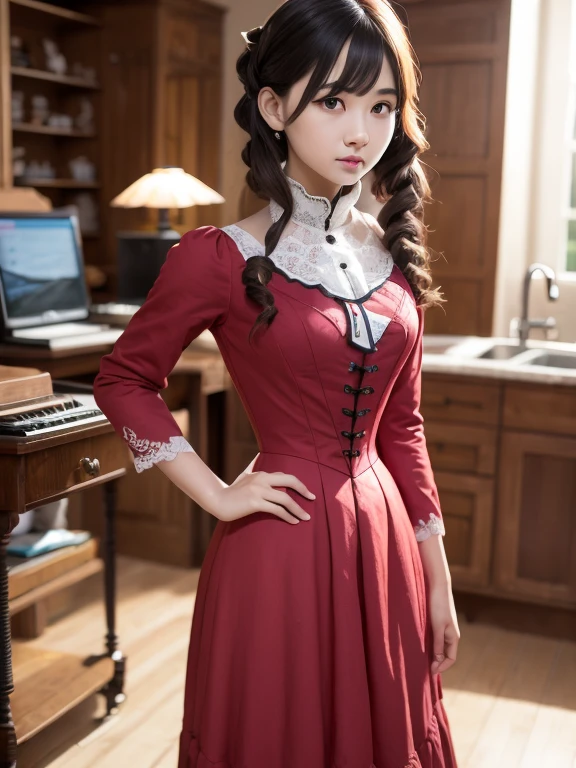 masterpiece, highest quality, Very detailed, 16k, Ultra-high resolution, 17-year-old girl, Detailed face, Anatomically correct, black eye, Black Hair, Long Hair, Drill Hair, (mega twin drills:1.5), (victorian dress:1.6), (Red dress:1.5), Shoulder-to-shoulder clothing, Skirt with a widened hem, High heels, necklace, Concert Venues, violin, violinを持つ, Performance