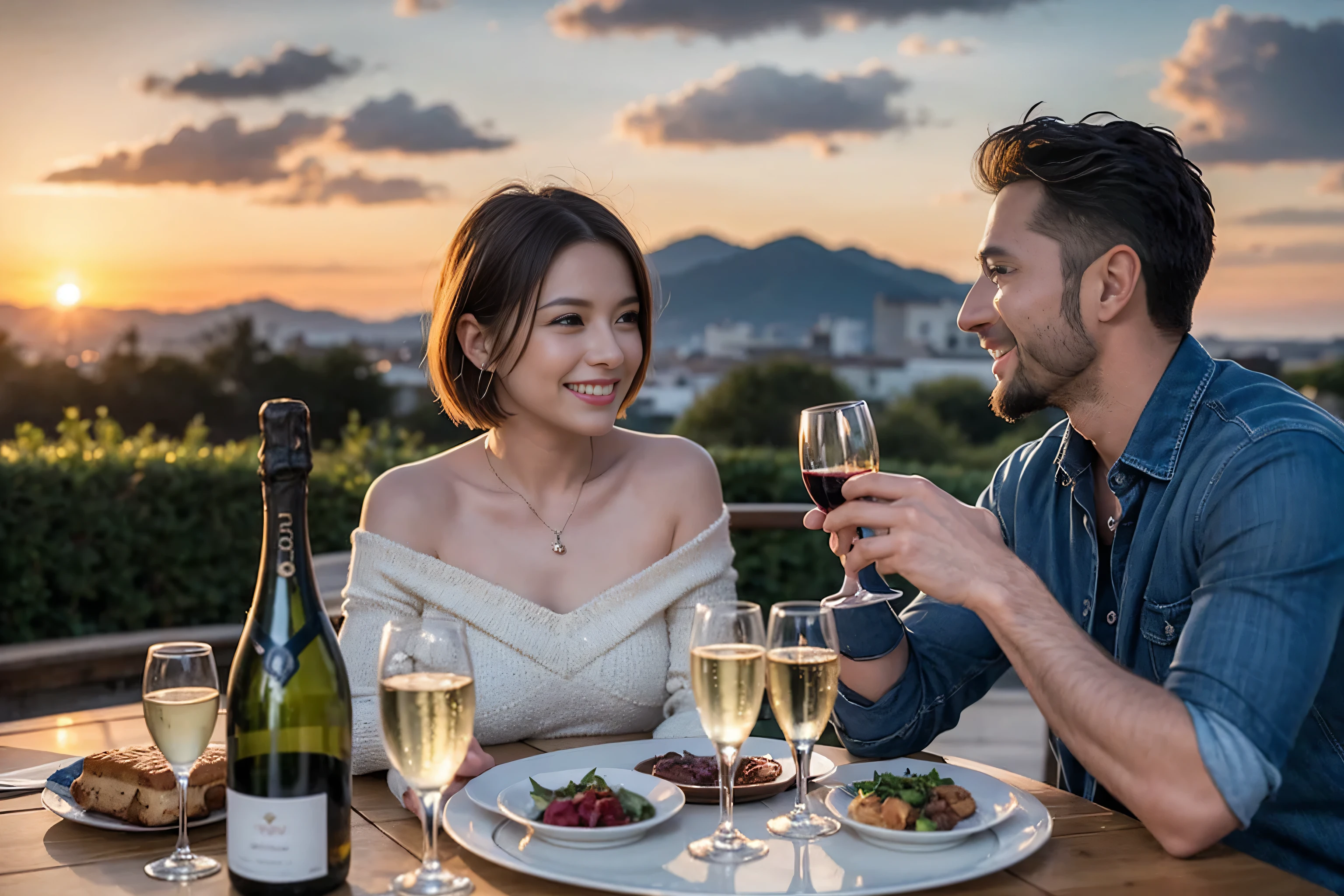 ((highest quality、8k、masterpiece:1.3))、lover、Beautiful couple、smile、full-course dinner、 (Slim face), (the body is スリム), (Brown Hair), (Short Hair), Wine glasses on the table、Amazing view of the sunset sky and clouds、 (Age 36), 39 years old, Wine bottle、Champagne、sparkling wine、Long sleeve dress、White wine, red wine,
