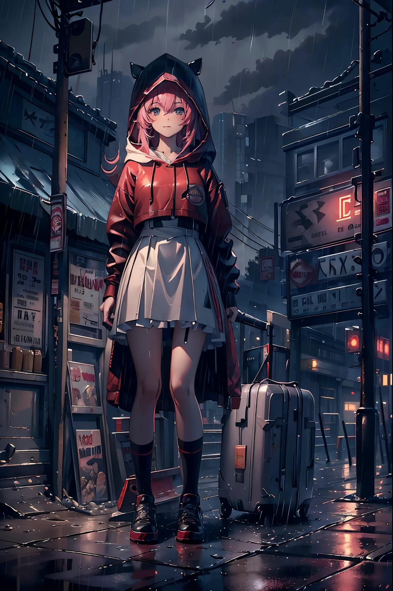 8K，tmasterpiece，Best quality at best，hyper-detailing，realistically，realistically，Extremely detailed face，Movie Lighting，Movie Lighting，Ray traching，unlit hair， on a cloudy street，Corner store，staircase，Bus stop，Torrential rain and heavy rain，Girl with long pink hair and black eyes，ssmile，She is wearing a red hooded jacket，hood on head，White color blouse，Short black skirt and black garter belt，Martin shoes，Clothes soaked by rain，Black exposure，outdoor depth tent ，
