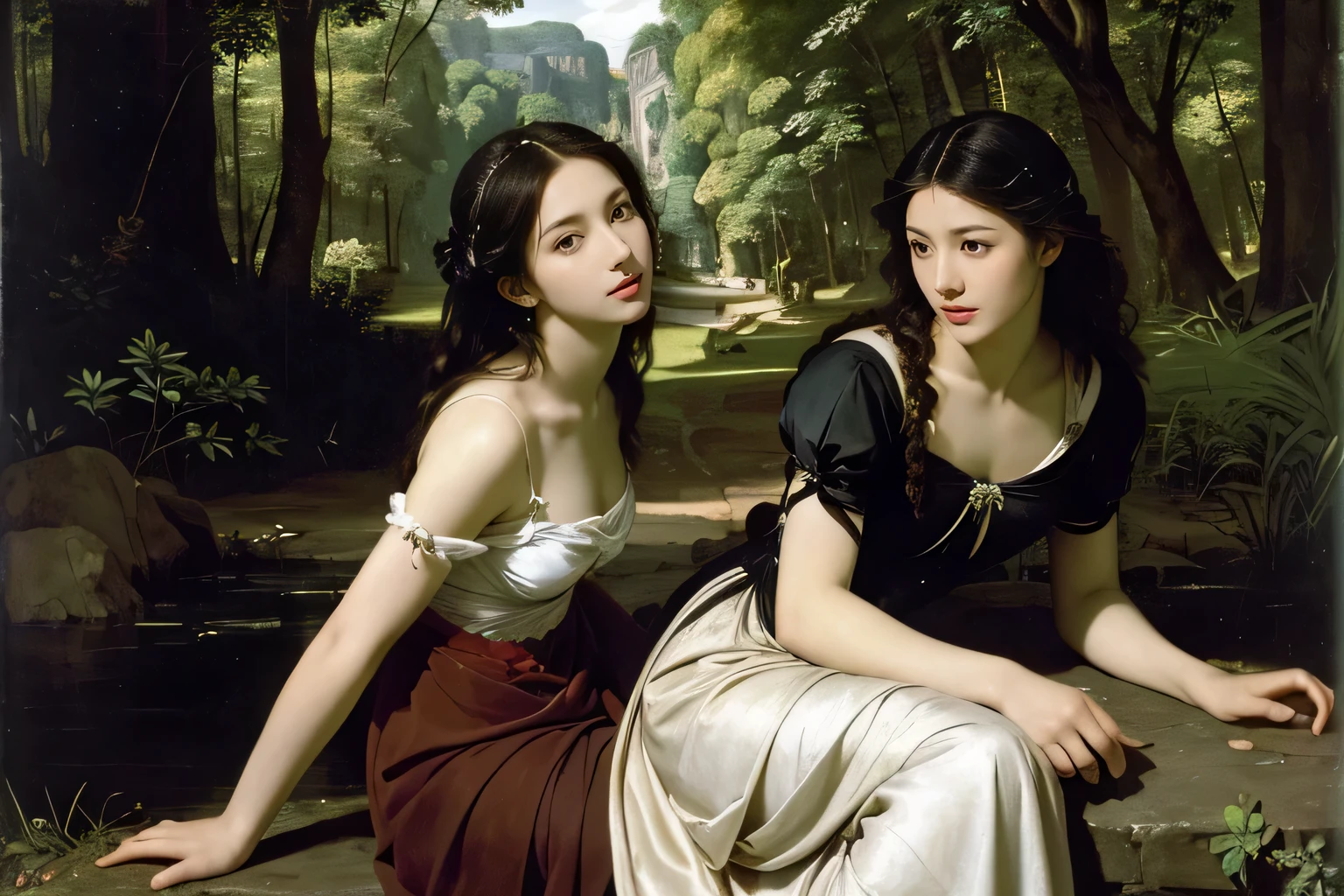 Giorgione painting style,Barbizon forest A beautiful woman in Greek dress smiles on the shore,Sweet and seductive appearance.、Caravaggio's paintings、Chiaroscuro of Caravaggio、hair tousled by the wind,Two women frolicking,cute smile, expression of ecstasy,Sexy,erotic, full body portrait