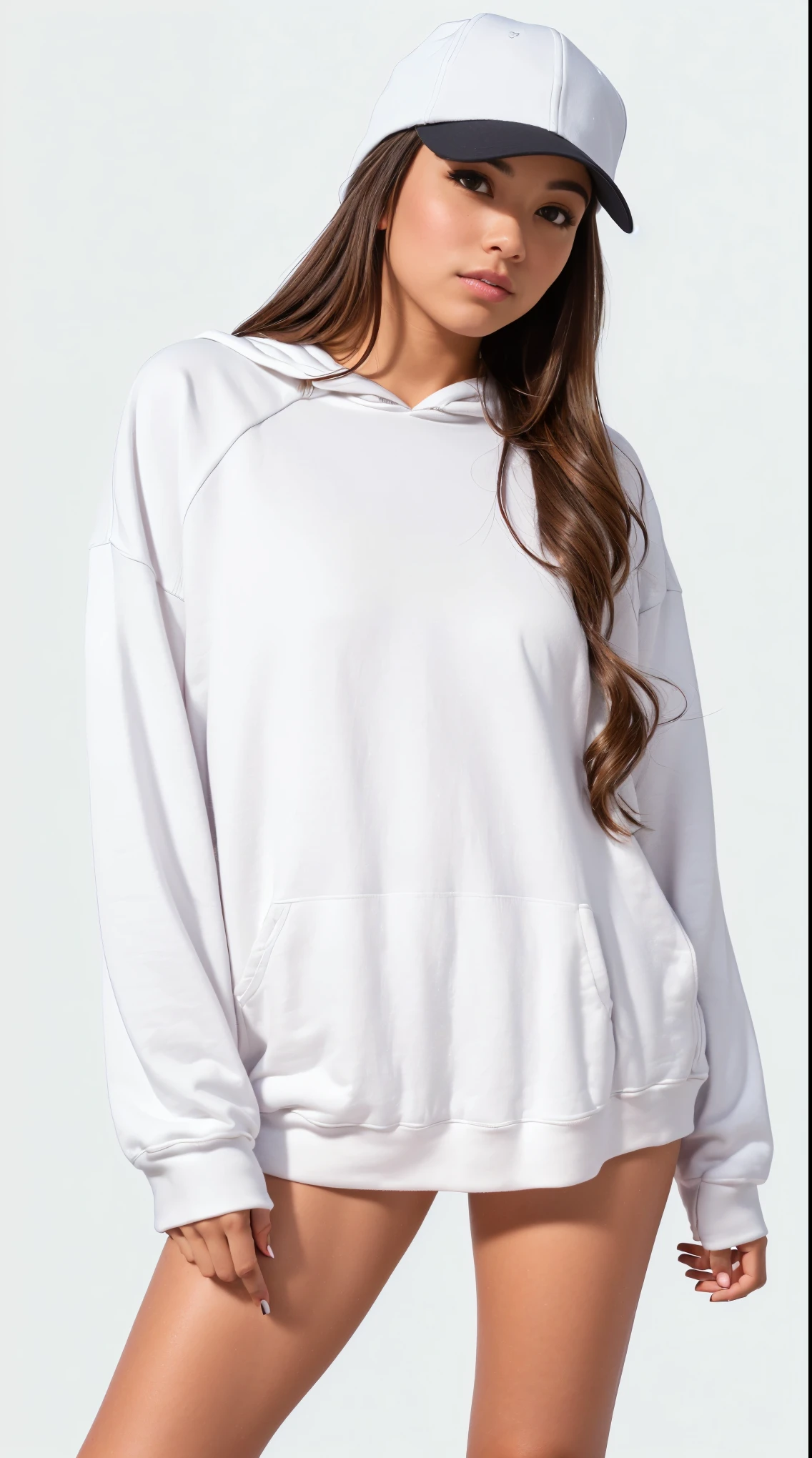 a woman wearing a white sweatshirt and shorts with a baseball cap, light cinza, vestindo moletom, cinza, cinza sweater, roupa branca casual, designed for a cozy aesthetic!, Roupa casual, White Sweater, white and cinza, terno branco liso e justo, fechar detalhes, wearing a cinza hooded sweatshirt, mangas compridas, Moletom cinza, cinza clothes, cheio de detalhes