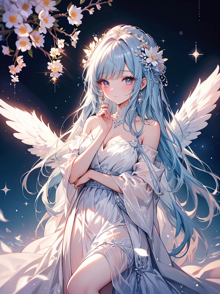 masterpiece, highest quality, High resolution, SA1, Off-shoulder dress, Angel wings, beautiful angel, lots of flowers々, Sparkly eyes, false eyelashes, Cute atmosphere,