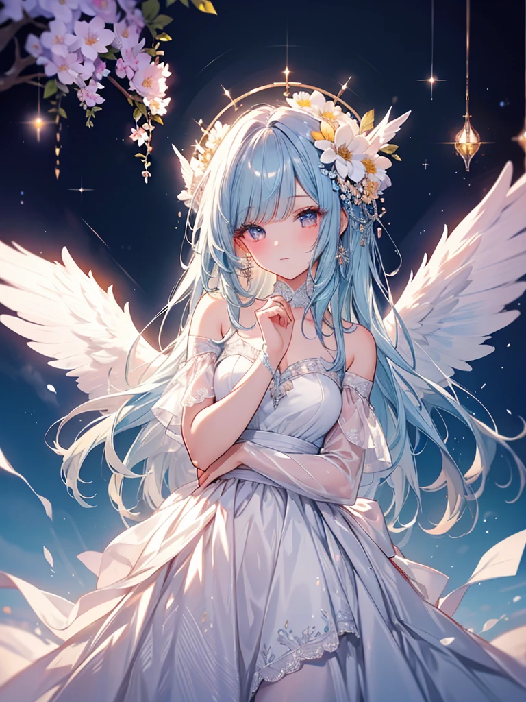 masterpiece, highest quality, High resolution, SA1, Off-shoulder dress, Angel wings, beautiful angel, lots of flowers々, Sparkly eyes, false eyelashes, Cute atmosphere, 