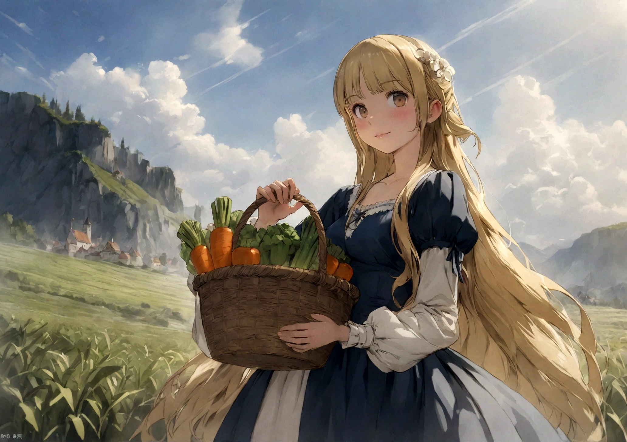 anime, chibe, (((Top quality, 4k, 8k, high resolution, masterpiece: 1.2))), (super detailed), (realistic), (photorealistic), (photorealistic: 1.37), (HDR, UHD), (studio (lighting)), ultra-fine drawing, sharp focus, physically based rendering, highly detailed, professional, vibrant colors, perfect ditaile hand, highly detailed realistic eyes,
anime, cartoon,
A girl, a girl with a basket, medieval European clothing, country clothing, farm clothing, hair accessory, holding a large bamboo basket in both hands, lots of vegetables in the basket,
vegetable field, medieval European field, medieval European landscape, medieval European countryside,
looking at viewer,
(((Long shot, Panorama, Distant view))),