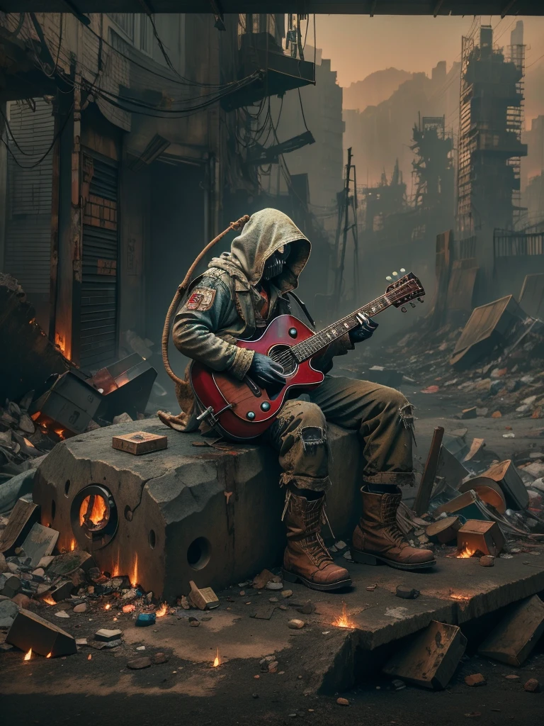 wasteland，(A very poor old mech sitting on a rock playing guitar:1.3)，(the guitar player)，(Sitting:1.2)，rust，Wearing tattered armor，Viewers in the distance，Gothic，(Concert scene），(Gothic舞台:1.5)，（Blood red moon），Gothic元素，wildfires，cold，gloomy