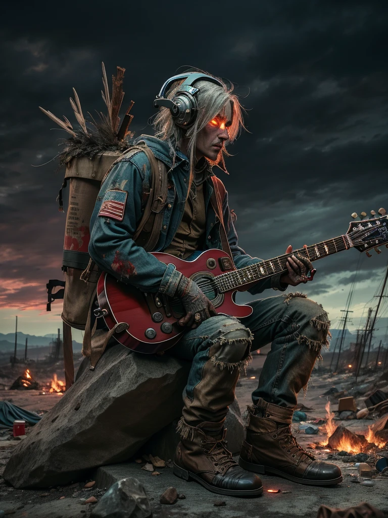 wasteland，(A very poor old mech sitting on a rock playing guitar:1.3)，(the guitar player)，(Sitting:1.2)，rust，Wearing tattered armor，Viewers in the distance，Gothic，(Concert scene），(Gothic舞台:1.5)，（Blood red moon），Gothic元素，wildfires，cold，gloomy