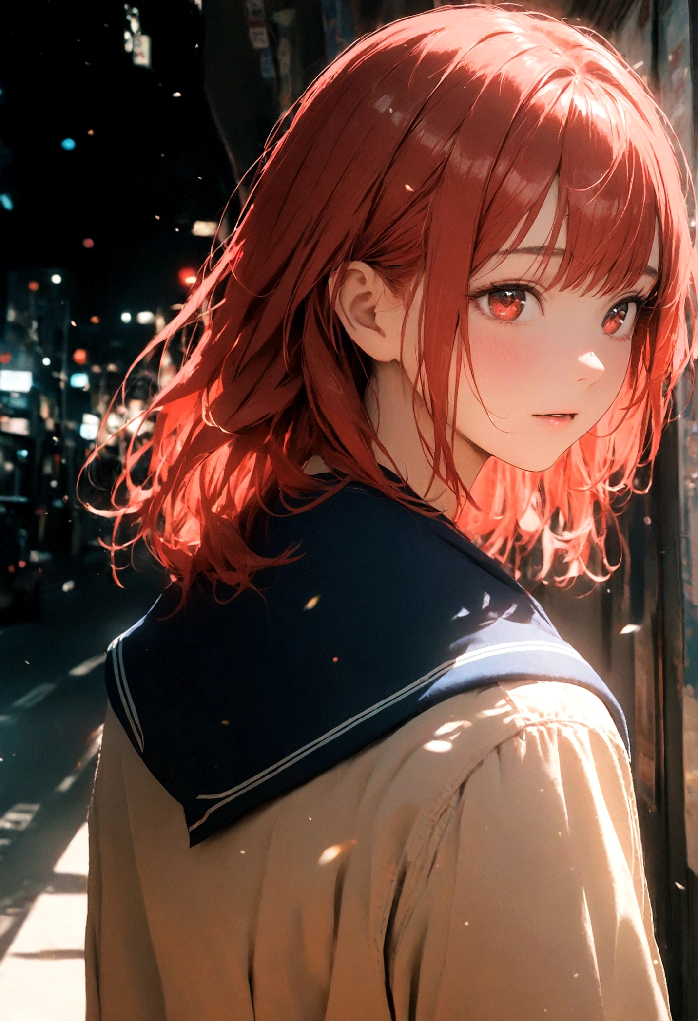 1 girl, Redhead, Facial hair stripes, Red eyes, Impact, RAW Photos, 8k, masterpiece,On the way home、Returning Home、Sailor suit