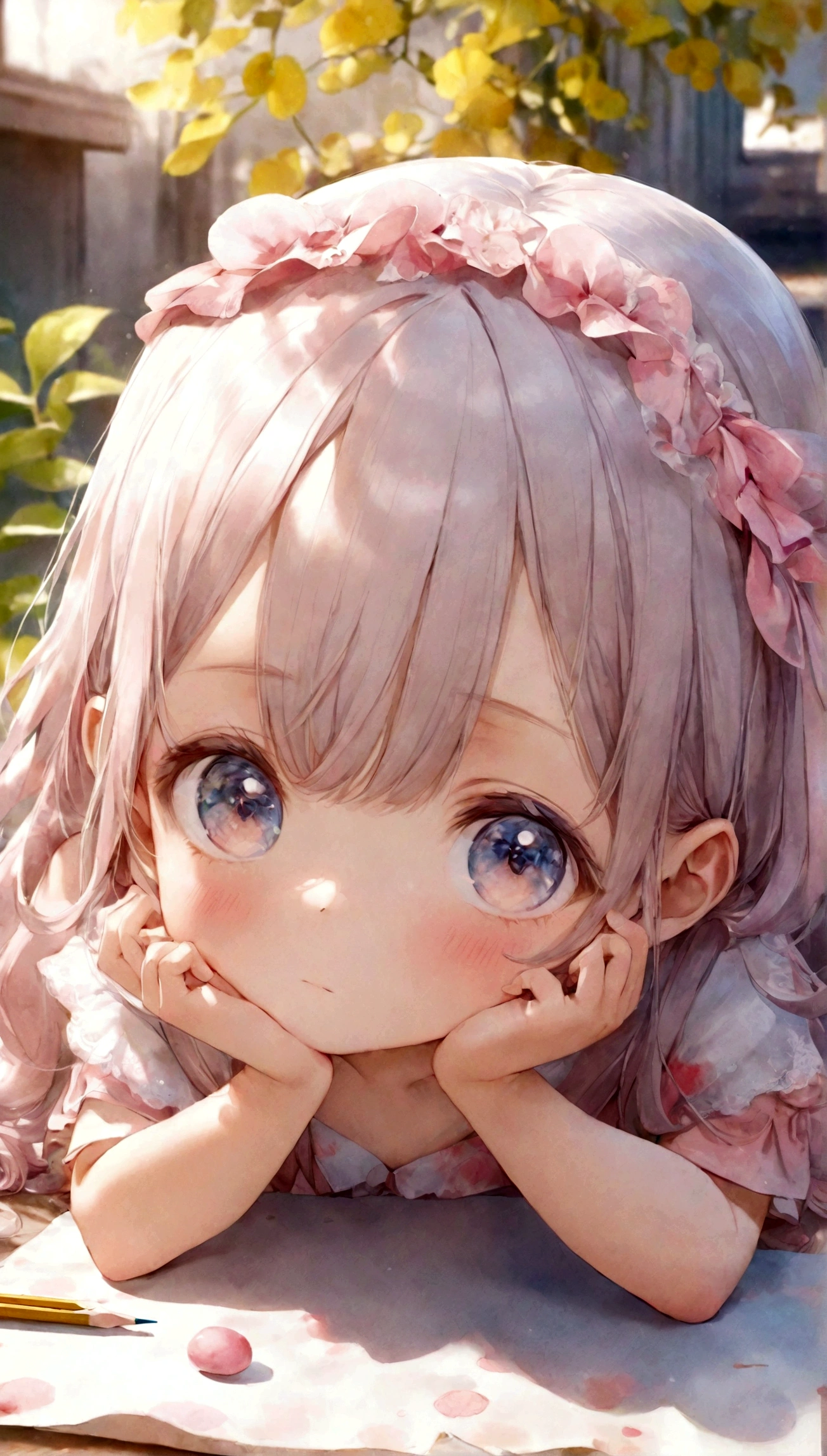 (Watercolor pencil drawing)、Close-up of a girl sitting directly on the ground、Cute girl anime visuals、Cute Anime Girl、Cute 3D anime girl render、Young Anime Girl、Made by Anime Painter Studio、Little loli girl、Anime style 3D、Cute realistic portrait