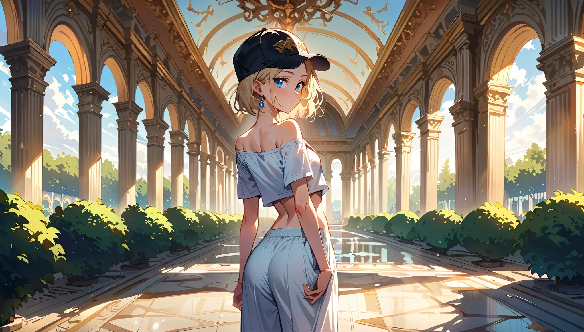 (masterpiece, best quality:1.2), solo, Android 18 from Dragon Ball, collarbone, cleavage, ((slip-on one-shoulder crop top)), (light gray top:1.2), no jacket, midriff-baring, navel, ((white baggy pants)), thong underwear, strings of thong underwear slightly visible, small breasts, short blonde hair loose, ((blue eyes)), ((wearing glasses)), earrings on earlobes, slender feminine figure, narrow waistline, skinny body, (plane black cap), (cap without logo), sunlight, shot from behind, looking back, back view, light blush, arms behind back, standing outside, Palace of Versailles, the gardens, Paris, manicured parterres, geometric hedges, ornate fountains, tree-lined paths, vibrant gardens, Baroque grandeur and opulence, natural lighting and shadows, the ornate fountains, blur background, 4K