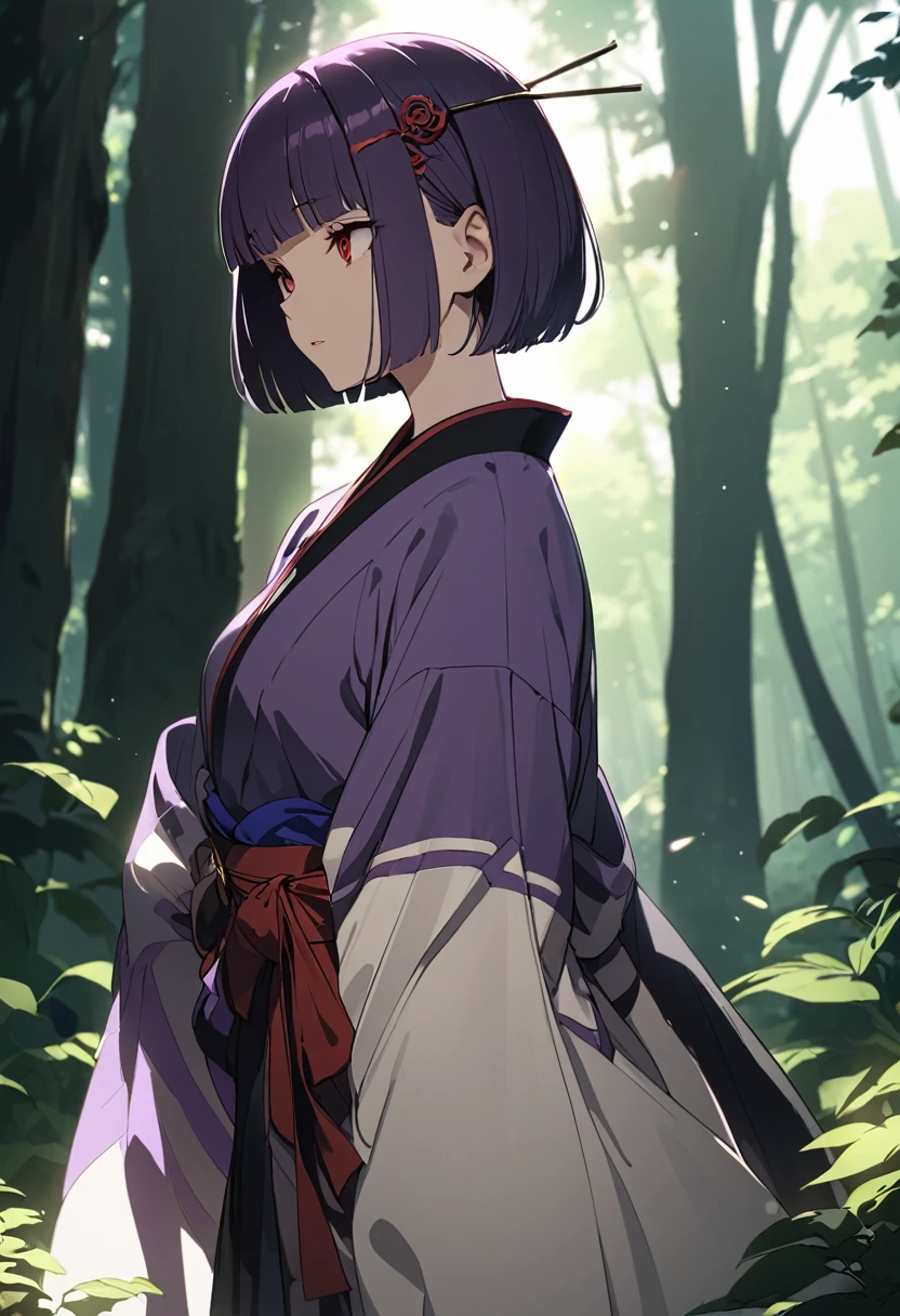 One woman、Dark purple hair、Hairstyle、Bangs、hairpin、Red eyes、Slanted Eyes、Japanese clothing、whole body、forest、purple hair, blunt bangs, short hair, thinking, from side, chiaroscuro, anatomically correct, UHD, anatomically correct