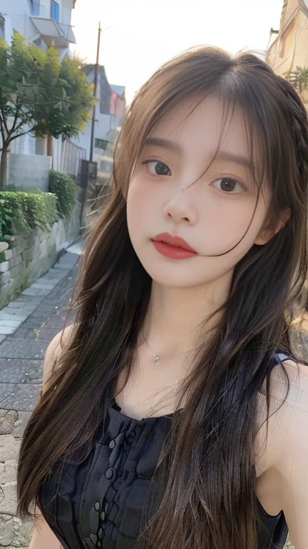 ((best quality, 8K, masterpiece: 1.3)), (Sweet_ta:1.3), focus: 1.2, Perfect body beauty: 1.4, Hips: 1.2, (Layered Hairstyle: 1.2)), (Dark Street: 1.3), Highly detailed face and skin textures, beautiful eyes, Double eyelids, Skin Whitening, long hair, (Round Face: 1.5),