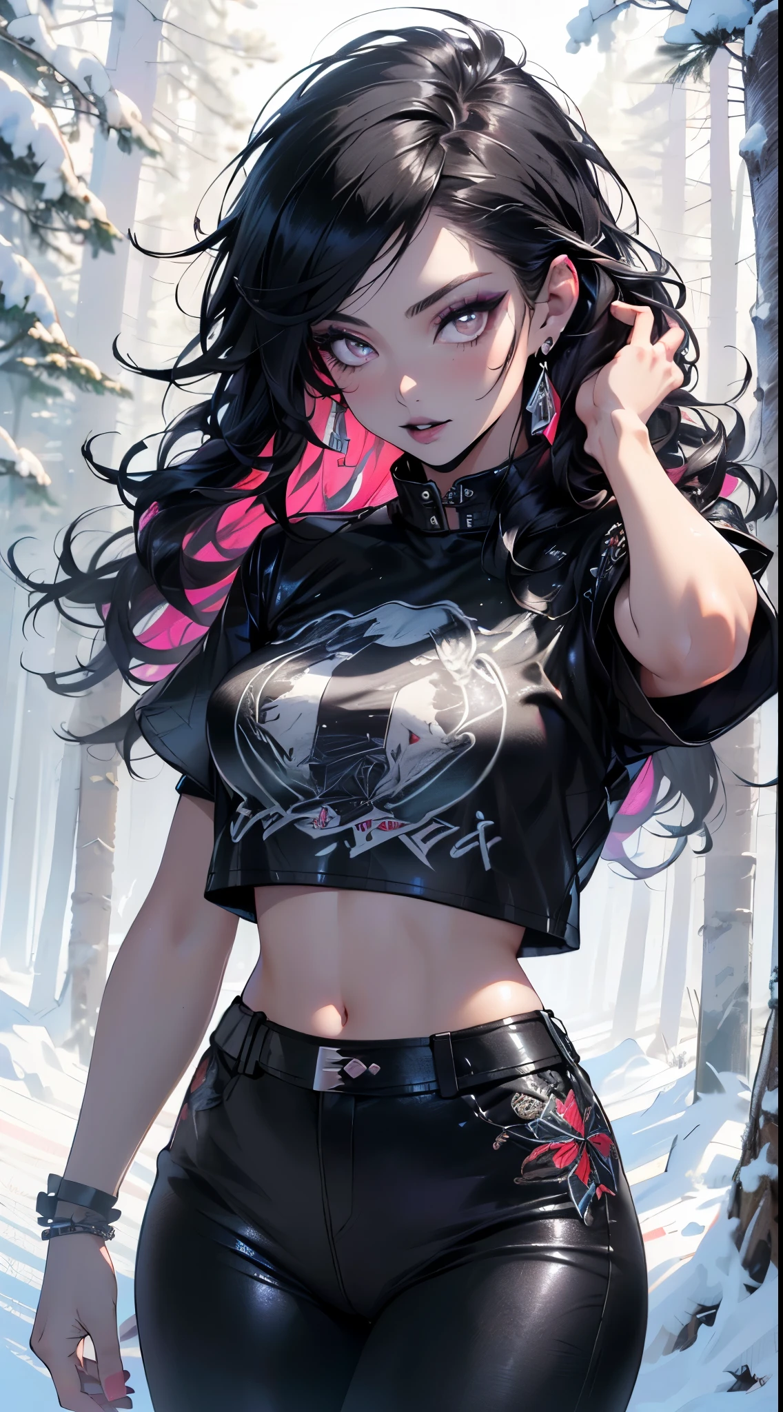 goth girl,1girl,((extremely cute and beautiful black haired anime goth girl)),(((16 years old))),(large breasts:1.2),((((black wavy hair:1.35,absurdly long unkempt hair,messy hair,colored inner hair,ear breathing)))),((heterochromia:1.5, (purple_eye and red_eye))),intricate eyes,beautiful detailed eyes,symmetrical eyes,Big eyes:1.5,((fat)),(((lustrous skin:1.5,bright skin: 1.5,skin tanned,shiny skin,very shiny skin,shiny body,plastic glitter skin,exaggerated shiny skin,illuminated skin))),(spider lower abdomen,narrow waist,wide hip,athletic body,inflated legs,detailed body,(detailed face)),
cute,slutty,seductive,erotic,(nsfw),
revealing clothing,show skin,((((printed T-shirt:1.3),black leather crop jacket:1.3))),((black leather pants,)),((underpants strap)),((underboob:1.2)),(((Black Eyeshadow,Thick Black Eyeliner,Long Dramatic Eyelashes,Black Lips,Goth Accessories,intricate makeup))),(((intricate outfit,intricate clothes,embroidered outfit,ornate outfit,embroidered clothes,ornate clothes))),
(dynamic pose:1.0),embarrassed,(centered,scale to fit dimensions,Rule of thirds),
((snowy pine forest at night)), with dark stormy clouds,winter,scenery:1.25,((snow forest background)),Christmas tree,
(Glossy winter ornaments),(top-quality,8K,32K,masterpiece),high resolution,(Photorealistic:1.4),Ray tracing,Sun glare,depth of fields,By backlight effect,Add depth to your screen,(((vibrant colors,vibrant theme))),(intricate),(high contrast,photorealistic artwork:1.37),(best quality,4k,highres,masterpiece:1.2),ultra-detailed,(realistic,photorealistic,photo-realistic:1.37),professional,