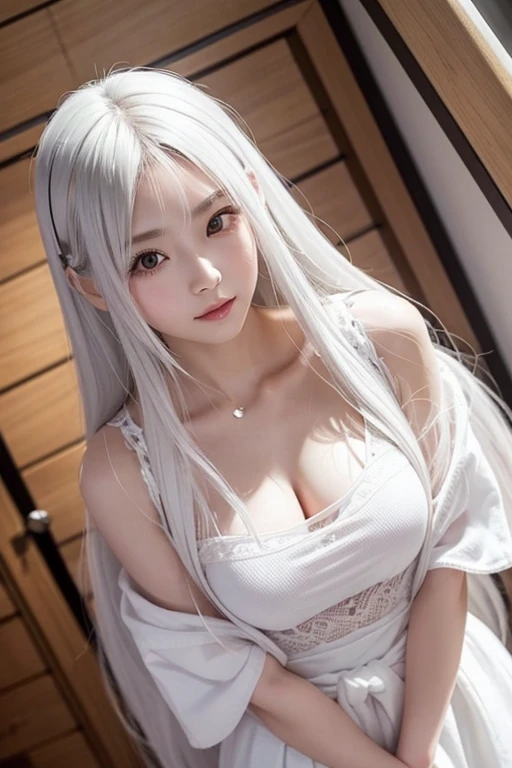 Taken with a phone camera、Are standing、Above the waist、Cute Japanese Women Photos、Normal chest、Long Hair、White Hair、Upper body、Face Focus、Cute clothes、Simple Background、From above、Taking a selfie with a smartphone