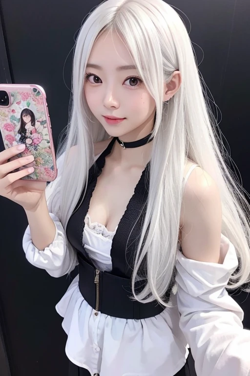 Taken with a phone camera、Are standing、Above the waist、Cute Japanese Women Photos、Normal chest、Long Hair、White Hair、Upper body、Face Focus、Cute clothes、Simple Background、From above、Taking a selfie with a smartphone