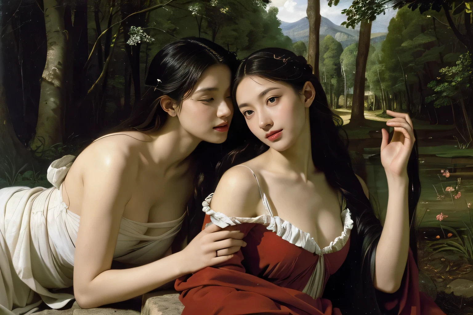 Giorgione painting style,Barbizon forest A beautiful woman in Greek dress smiles on the shore,Sweet and seductive appearance.、Caravaggio's paintings、Chiaroscuro of Caravaggio、hair tousled by the wind,Two women frolicking,cute smile, expression of ecstasy,Sexy,erotic, full body portrait
