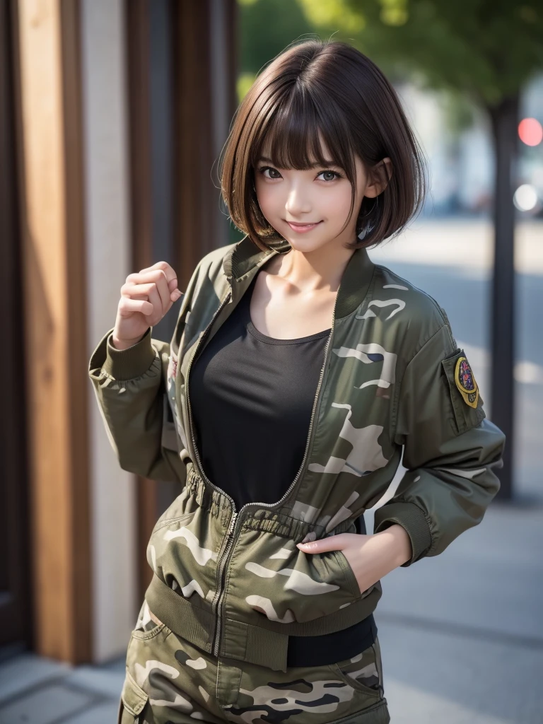(8k, RAW Photos, highest quality, masterpiece:1.2), (Realistic, photo-Realistic:1.4), (Highly detailed 8k wallpaper), ((Full Body Shot)), (1 girl), Sharp focus, Depth of written boundary, Cinematic lighting, Soft Light, 緻密な美しさのeye, eye_Chan, Very beautiful 17 year old girl, innocent big eyes, Realistic, photo Realistic, Highly detailed cute girl, (Thin thighs), (Model Body Type), 18-year-old, ((Khaki MA-1 flight jacket)), (Black T-shirt), ((Camouflage cargo long pants)), (((Fold your arms in front of your chest and act arrogantly))), ((A happy smile)), Parted lips, Watching the audience, (On the streets of Tokyo) , (Brown Hair),(Short Bob Hair), (Asymmetrical bangs)