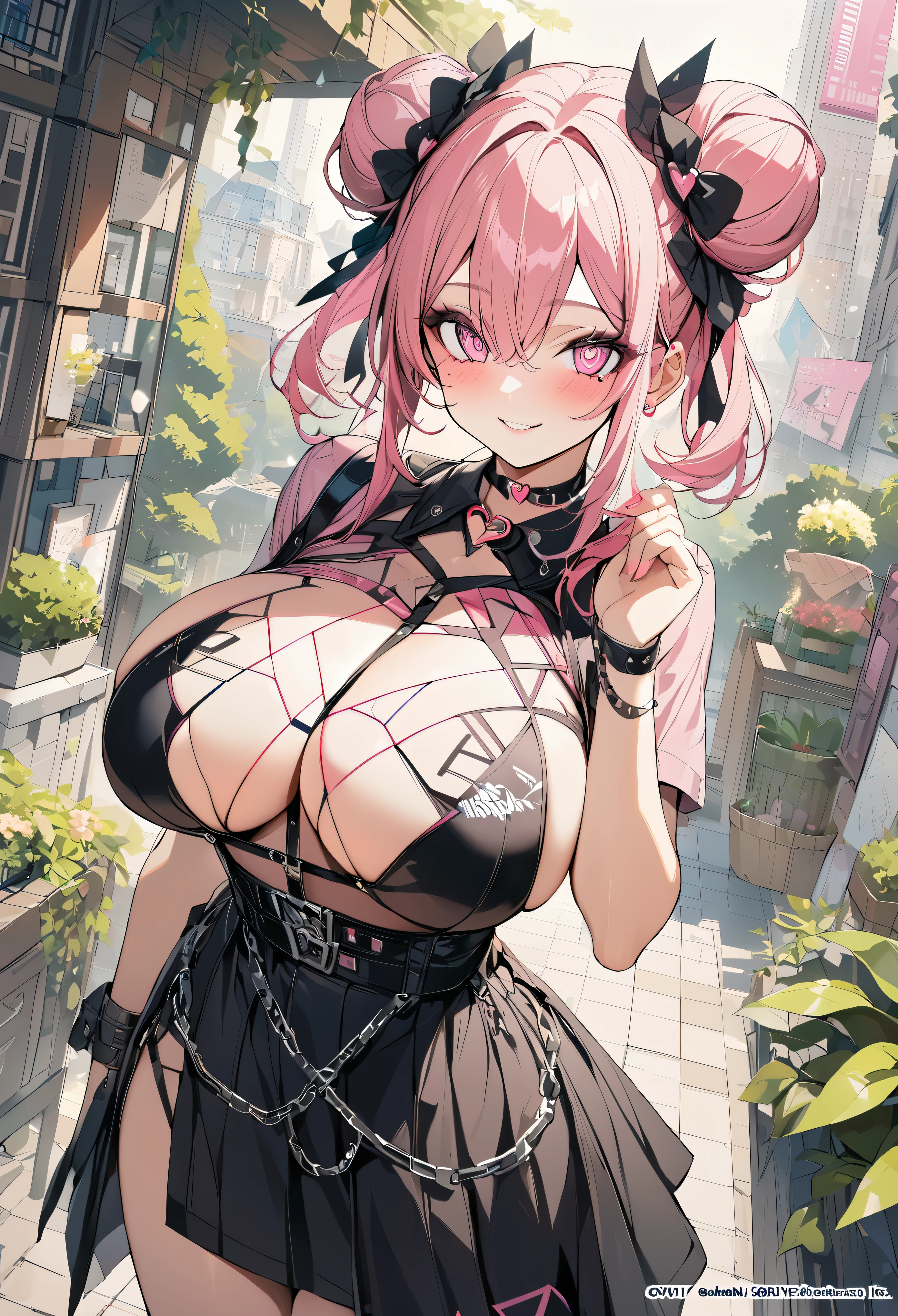 1 girl, Pink long hair bun, Heart shaped eyes, ♡, Big Breasts, Police uniform, {girl with Pink long hair bun named Nami}, (Pink eye color), {Downtown}, (smile), Light background , Mole under the eye, Heart-shaped choker, (masterpiece, highest quality), Very detailed, highest quality, Official Art, beautifully、aesthetic: 1.2), (1 girl), Very detailed, (Geometry Art: 1.3), colorful, Most detailed ?d1 girl, Pink long hair bun, Eye of the symbol, +__+, Big Breasts, Gothic Costume, {A girl with long pink hair in a bun named Nami}, (Pink eye color), {Downtown}, (smile), Light background, （garden,beautiful flower々）,Mole under the eye, Heart-shaped choker, (masterpiece, highest quality), Official Art, beautifully、aesthetic: 1.2), (1 girl), Very detailed, (Geometry Art: 1.3), colorful