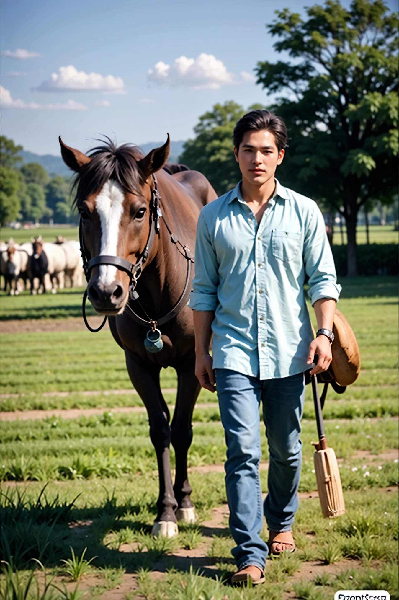Realistic Photography, Handsome mature Thai male ,Carrying a hoe in the field,In front, the oxen are pulling the cart and plowing the field.