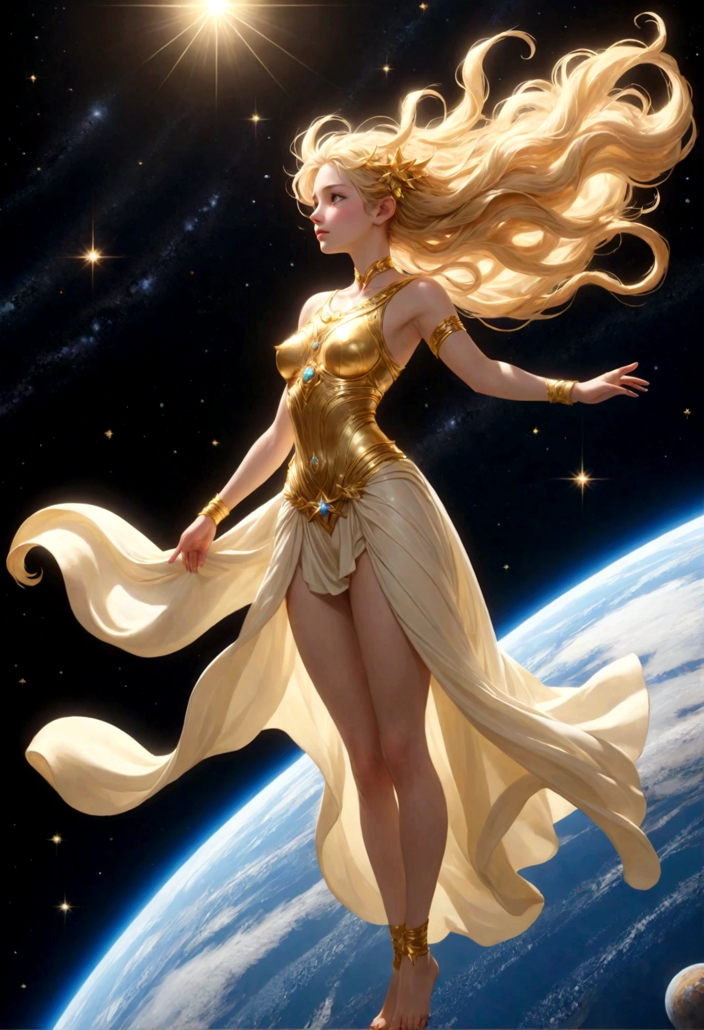 (masterpiece、highest quality、High resolution、8k)、Alone in space、Greek Goddess、Standing posture、whole body、Super beautiful、(Floating in the sky like a star、Floating、Floating)、金色のLightがwhole bodyを包んでいる、whole bodyがLightの中にある、Looking down on the earth、(目がくらむほどのLight、Light、Light)、宇宙はLightに満ち満ちている、