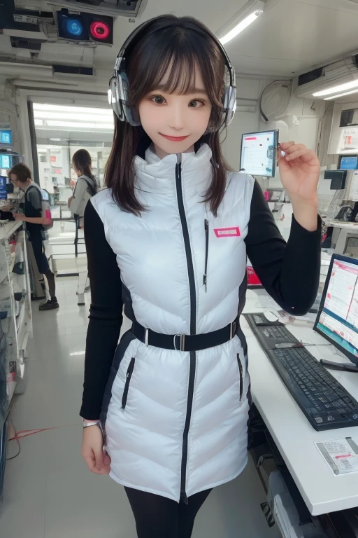 masterpiece, highest quality, Very detailed, 8K Portrait,Japanese Android Girl,plump , Control panel,Robotic arms and legs, Blunt bangs,,break (Metallic Gray, Metallic luster, Mirror finish, Astro Best):5,headphone:5,break (Black sleeves):100,Smart Watches,Futuristic space station,Control Room,break headphone,blue eyes,(Black Hair):2,(Long Hair):1.3,Displaying the viewer,(respirator),break blush:3,Hidden Hand,smile