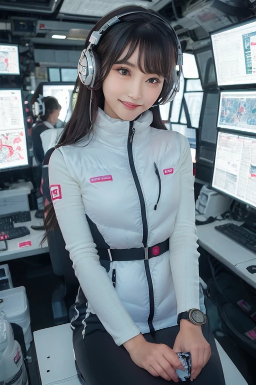 masterpiece, highest quality, Very detailed, 8K Portrait,Japanese Android Girl,plump , Control panel,Robotic arms and legs, Blunt bangs,,break (Metallic Gray, Metallic luster, Mirror finish, Astro Best):5,headphone:5,break (Black sleeves):100,Smart Watches,Futuristic space station,Control Room,break headphone,blue eyes,(Black Hair):2,(Long Hair):1.3,Displaying the viewer,(respirator),break blush:3,Hidden Hand,smile