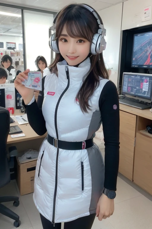 masterpiece, highest quality, Very detailed, 8K Portrait,Japanese Android Girl,plump , Control panel,Robotic arms and legs, Blunt bangs,,break (Metallic Gray, Metallic luster, Mirror finish, Astro Best):5,headphone:5,break (Black sleeves):100,Smart Watches,Futuristic space station,Control Room,break headphone,blue eyes,(Black Hair):2,(Long Hair):1.3,View the viewer,(respirator),break blush:3,Hidden Hand,smile