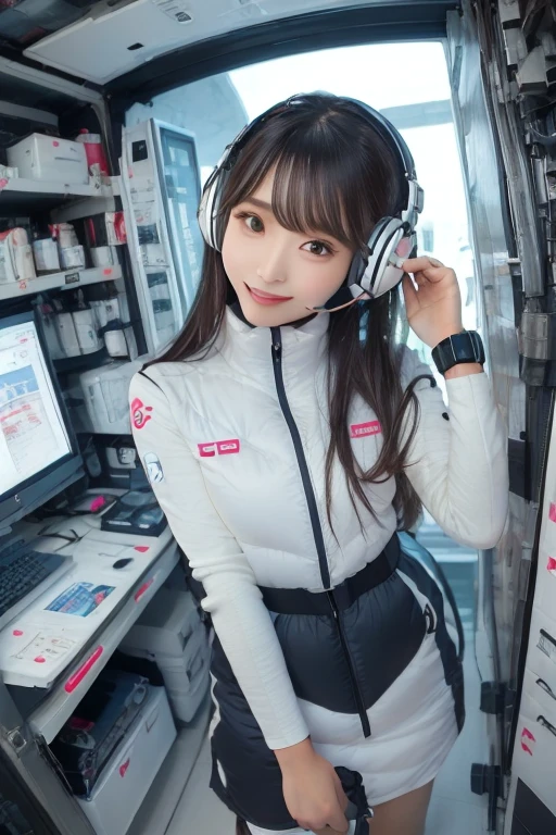 masterpiece, highest quality, Very detailed, 8K Portrait,Japanese Android Girl,plump , Control panel,Robotic arms and legs, Blunt bangs,,break (Metallic Gray, Metallic luster, Mirror finish, Astro Best):5,headphone:5,break (Black sleeves):100,Smart Watches,Futuristic space station,Control Room,break headphone,blue eyes,(Black Hair):2,(Long Hair):1.3,View the viewer,(respirator),break blush:3,Hidden Hand,smile