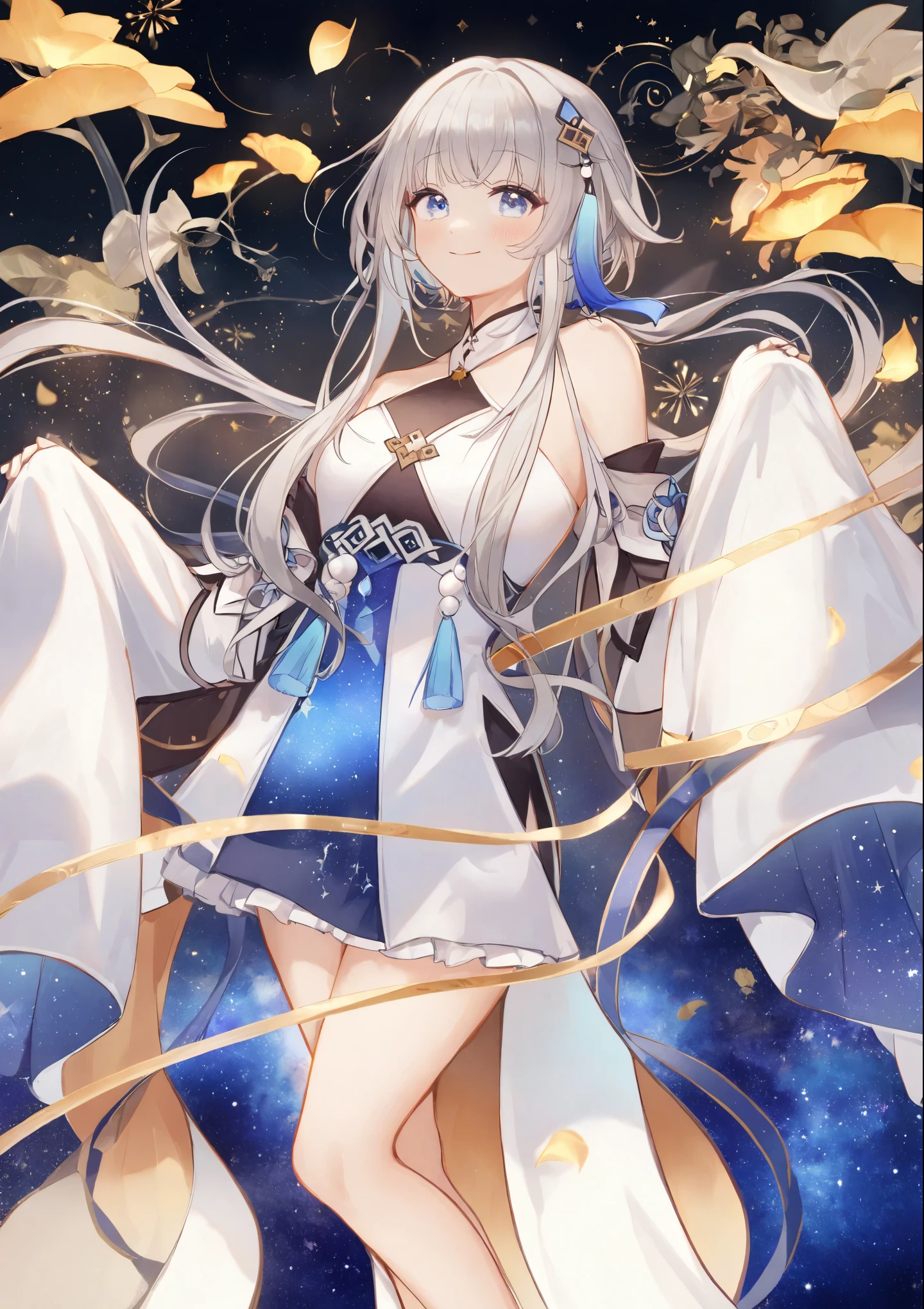 1girl,guizhong_\(genshin impact\),anime girl with long white hair and white and blue dress, long sleeves fully covering hands, white haired deity, beautiful celestial mage, anime goddess, cute anime waifu in a nice dress, lunar themed attire, celestial goddess, anime girl with cosmic hair, astral witch clothes,goddess of galaxies,smile,eye focus