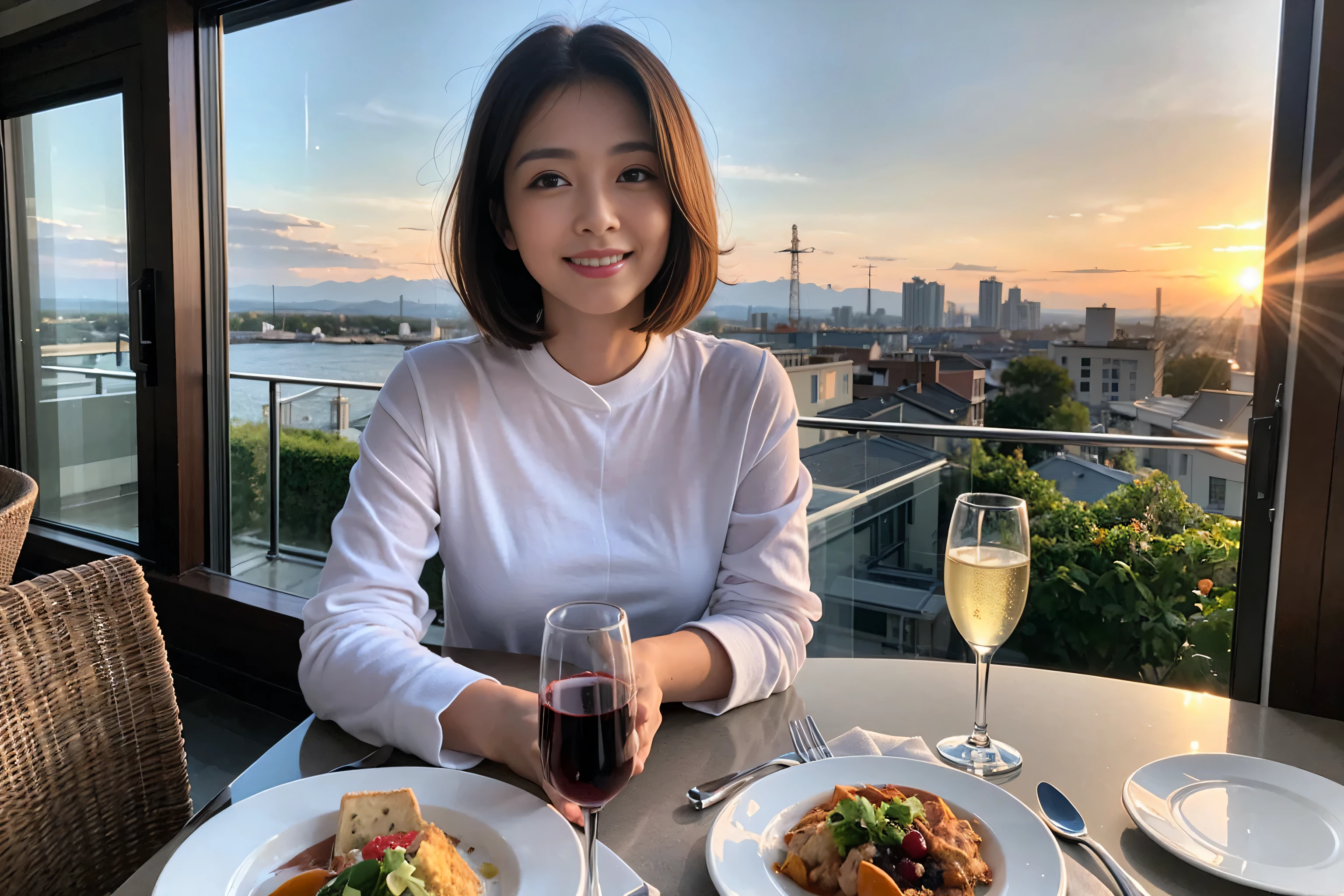 ((highest quality、8k、masterpiece:1.3))、lover、spouse、Beautiful couple、smile、full-course dinner、 (Slim face), (the body is スリム), (Brown Hair), (Short Hair), Wine glasses on the table、Amazing view of the sunset sky and clouds、 (Age 37), 39 years old, Wine bottle、Champagne、sparkling wine、Long sleeve shirt、dress、White wine, red wine,