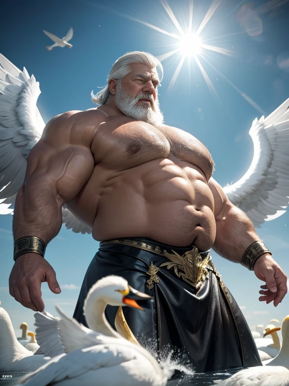 Hyperrealistic image of an elderly man over 79 years old, gray-haired Nordic archangel superhero with huge open white swan wings and a halo of light on his head super heavy and very fat very handsome bodybuilder with huge flabby pecs and very large and pointed nipples very sweaty jumping in the air in a sky of very white clouds wearing only a leather and gold roman skirt