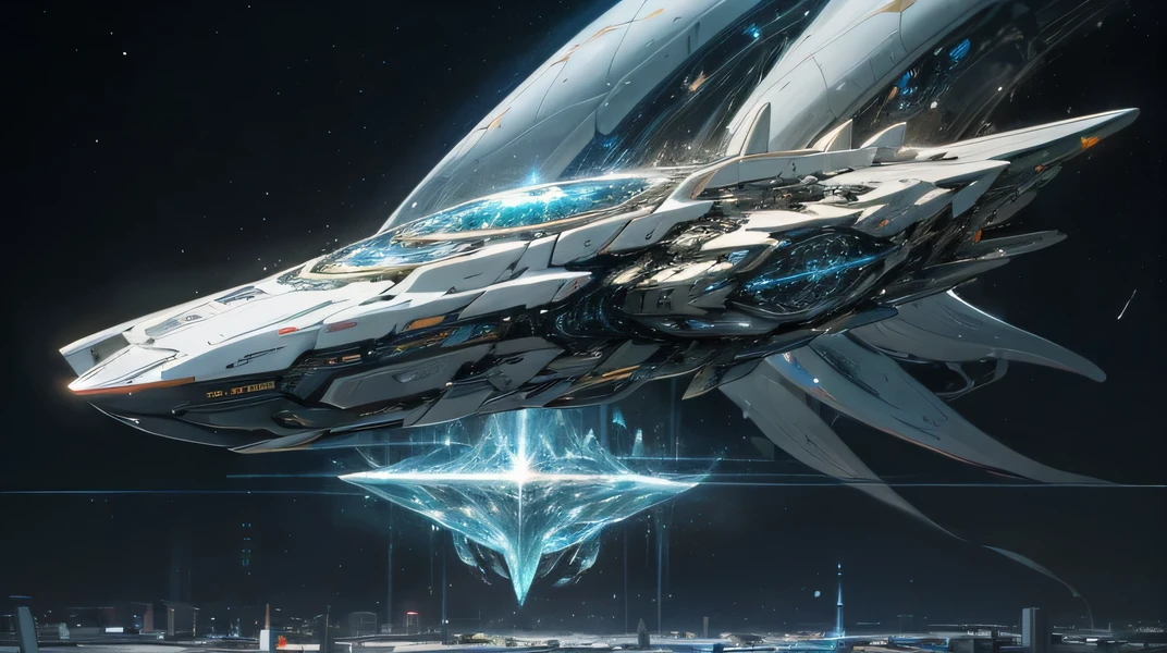 best quality, extraterrestrial car design, bio-organic structure, crystalline elements, levitating above ground, energy-efficient propulsion, quantum computing interface, interstellar travel capabilities, cosmic backdrop, holographic displays, symbiotic relationship with the universe, celestial navigation system
