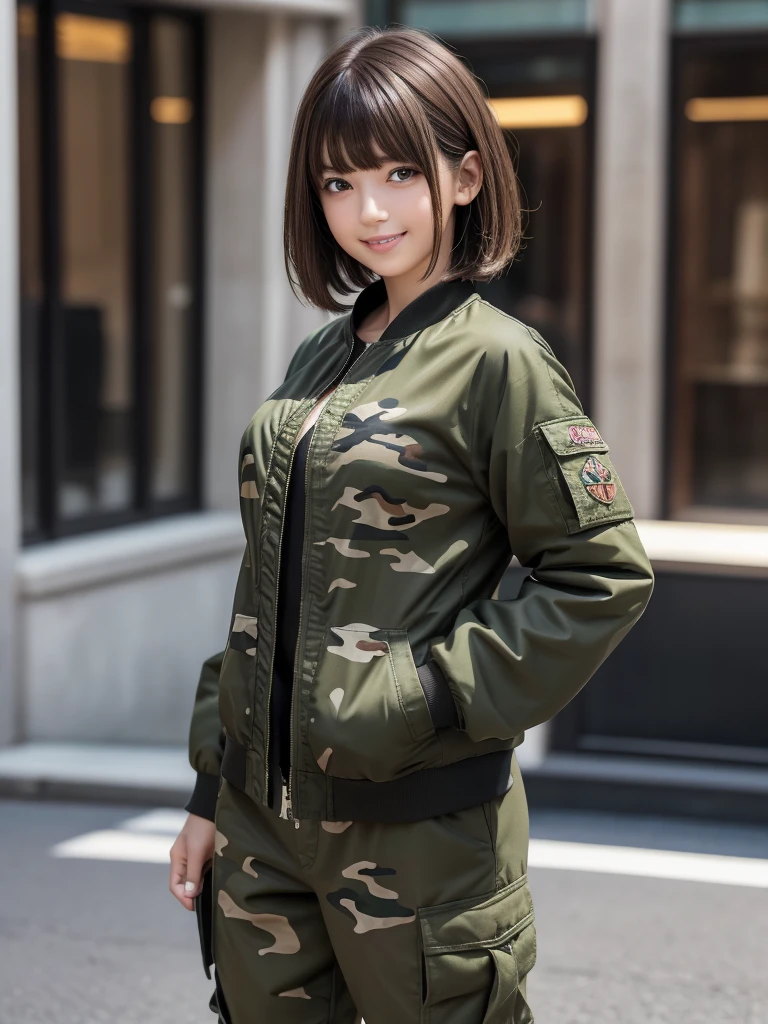 (8k, RAW Photos, highest quality, masterpiece:1.2), (Realistic, photo-Realistic:1.4), (Highly detailed 8k wallpaper), ((Full Body Shot)), (1 girl), Sharp focus, Depth of written boundary, Cinematic lighting, Soft Light, 緻密な美しさのeye, eye_Chan, Very beautiful 17 year old girl, innocent big eyes, Realistic, photo Realistic, Highly detailed cute girl, (Thin thighs), (Model Body Type), 18-year-old, ((Khaki MA-1 flight jacket)), (Black T-shirt), ((Camouflage cargo long pants)), (((Fold your arms in front of your chest and act arrogantly))), ((A happy smile)), Parted lips, Watching the audience, (On the streets of Tokyo) , (Brown Hair),（Short Bob Hair), (Asymmetrical bangs)