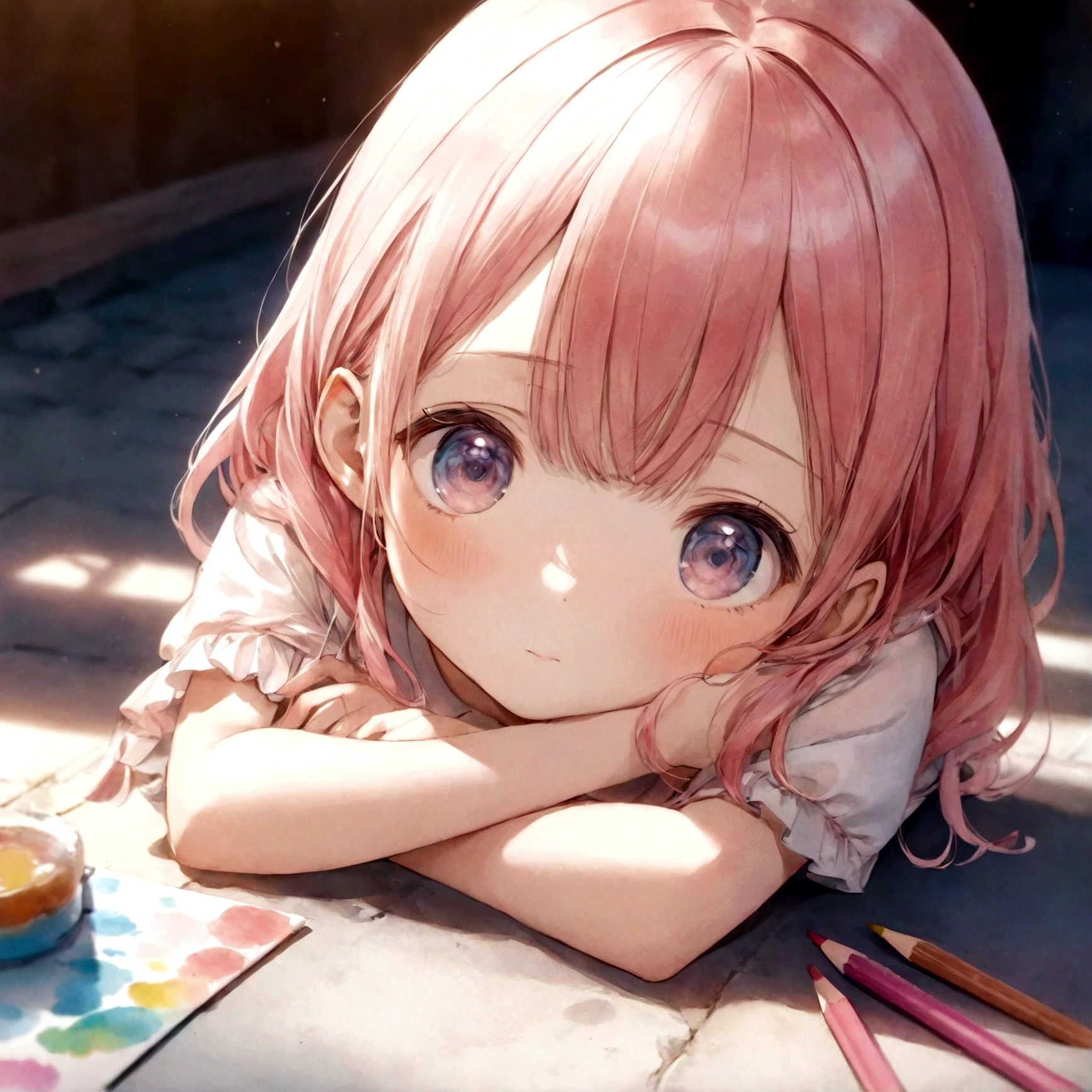 (Watercolor pencil drawing)、Close-up of a girl sitting on the ground hugging her knees、Cute girl anime visuals、Cute Anime Girl、Cute 3D anime girl render、Young Anime Girl、Made by Anime Painter Studio、Little loli girl、Anime style 3D、Cute realistic portrait