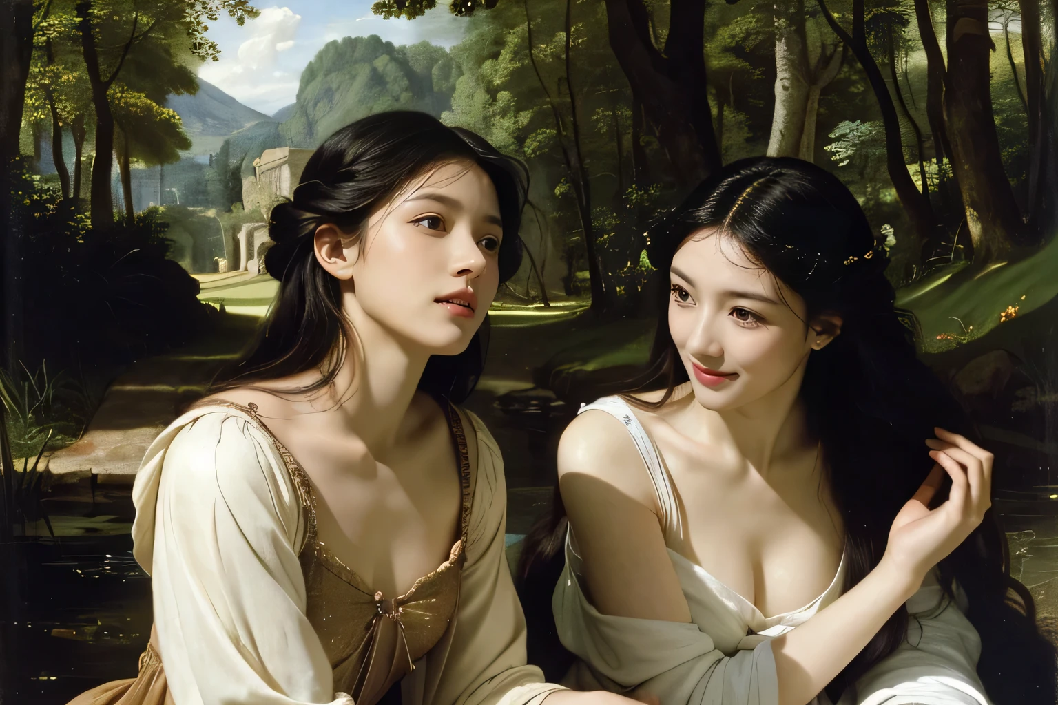 Giorgione painting style,Barbizon forest A beautiful woman in Greek dress smiles on the shore,Sweet and seductive appearance.、Caravaggio's paintings、Chiaroscuro of Caravaggio、hair tousled by the wind,Two women frolicking,cute smile, expression of ecstasy,Sexy,erotic, full body portrait