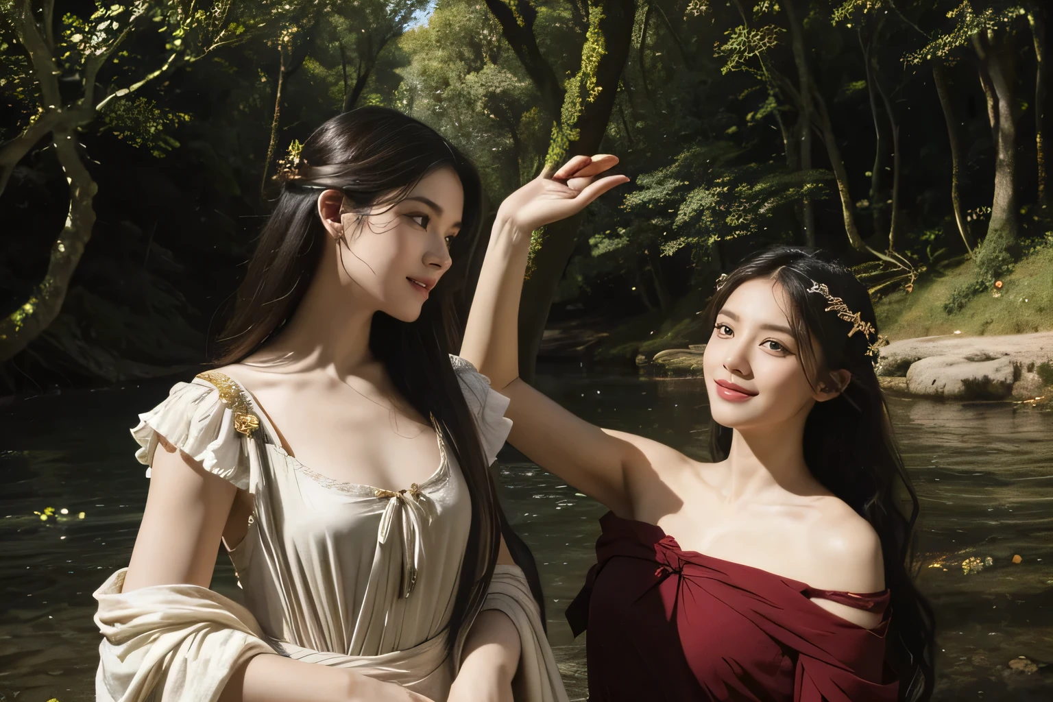 Giorgione painting style,Barbizon forest A beautiful woman in Greek dress smiles on the shore,Sweet and seductive appearance.、Caravaggio's paintings、Chiaroscuro of Caravaggio、hair tousled by the wind,Two women frolicking,cute smile, expression of ecstasy,Sexy,erotic, full body portrait