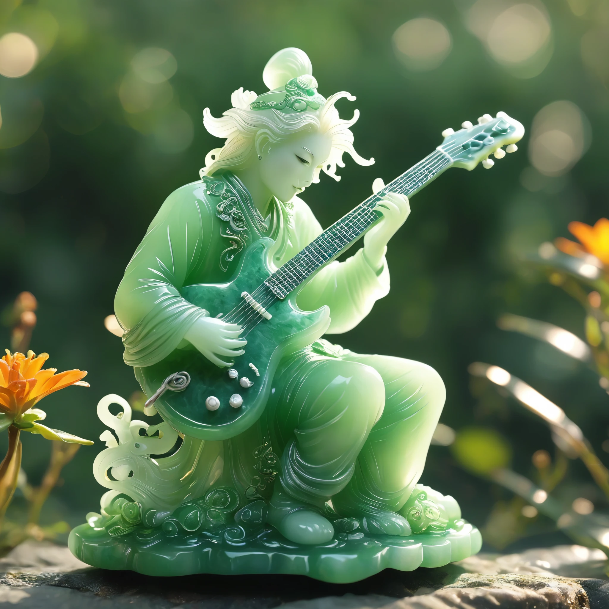 best quality, very good, 16K, ridiculous, Very detailed, charming(((Guitarist 1.3)))Rabid,Made of translucent jadeite, Background grassland((A masterpiece full of fantasy elements))), ((best quality)), ((Intricate details))(8K)