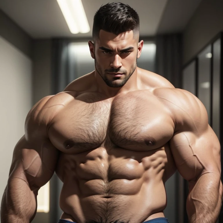 a handsome, robust man with a Mid fade haircut, no shirt, with massively large muscles, with a massively large, muscular and defined body, with massively, extremely, super large, wide and muscular arms, with his massively muscled biceps , extremely, super large, broad and muscular, with the body extremely, massively, super large, with the muscles massively, extremely, super, gigantic, with a massively, extremely, super large bulge, seen up close
