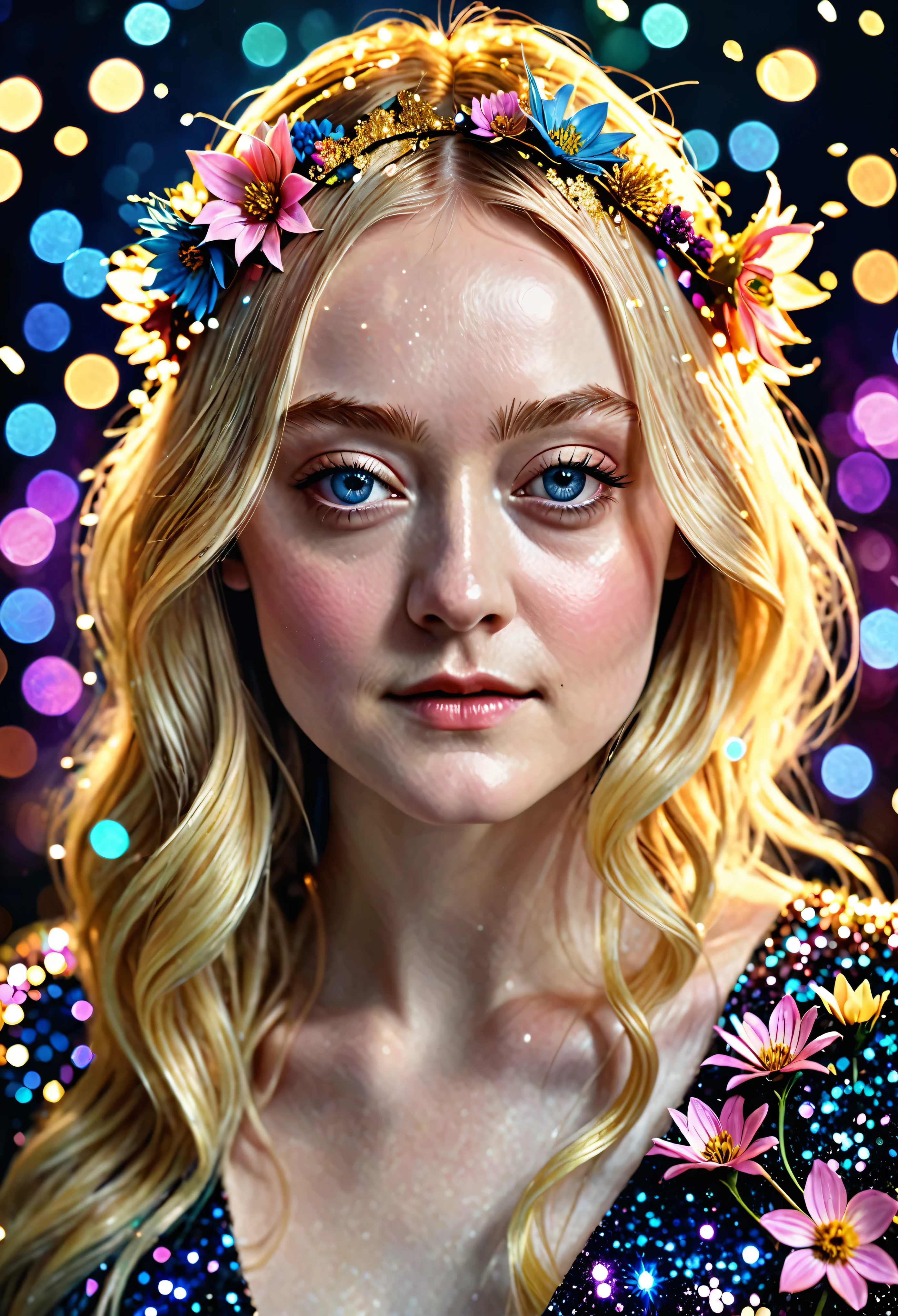 Looks like Dakota Fanning, The beautiful detailed portrait with glitter woman created from the flowers.glowing flowers ..The beautiful woman .magic hair .ultra HD, hyper  Very Good quality ,magical effect , Photorealistic.   artistic, photographic, fine texture, photorealistic ,Ultra Realistic, High quality, Highly detailed. Dark art. Unreal  efect.  cinematic lights. perfect composition., magic light, fantasty , cinematic lights ,magic effect. Abstract