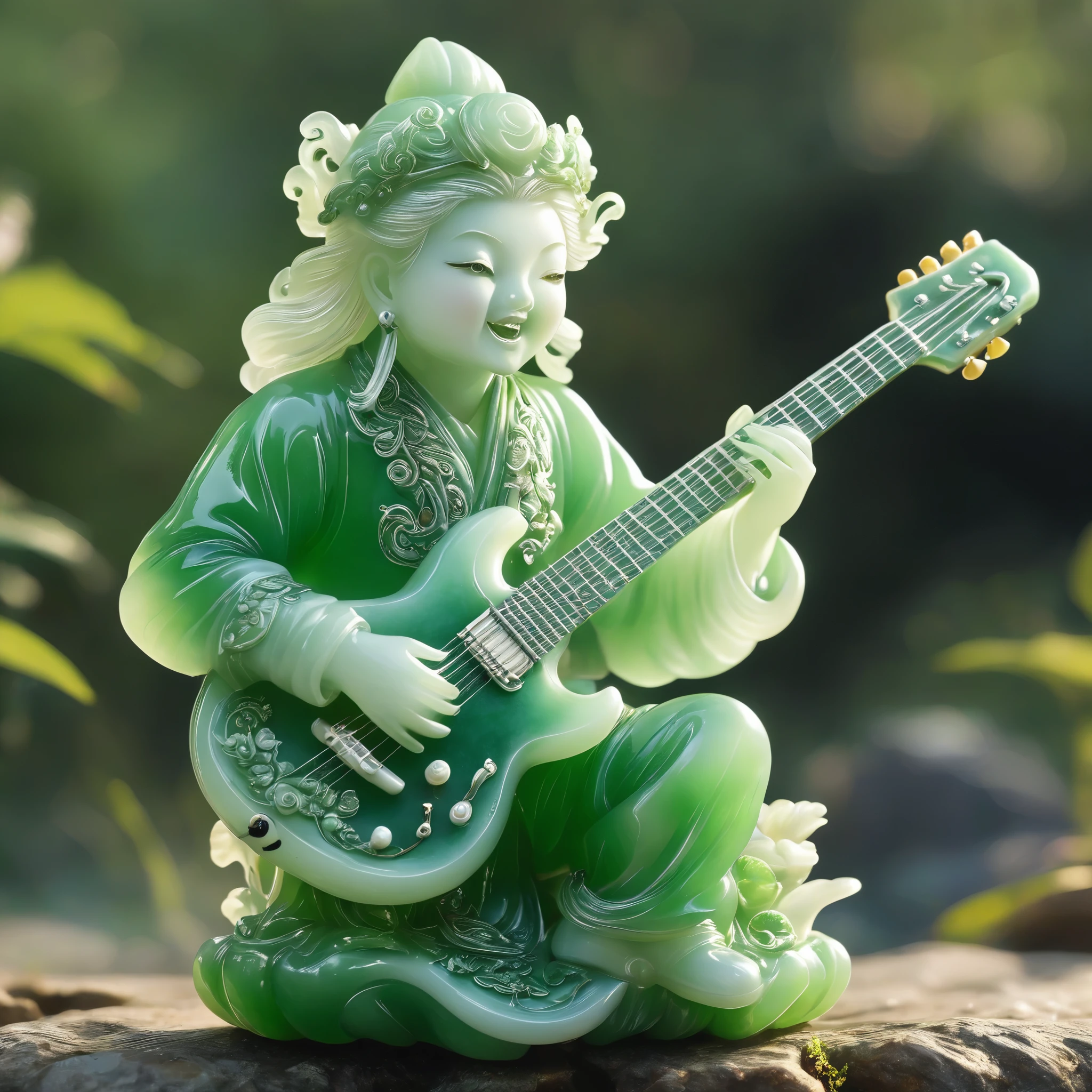 best quality, very good, 16K, ridiculous, Very detailed, charming(((Guitarist 1.3)))Rabid，Made of translucent jadeite, Background grassland（（A masterpiece full of fantasy elements）））， （（best quality））， （（Intricate details））（8K）