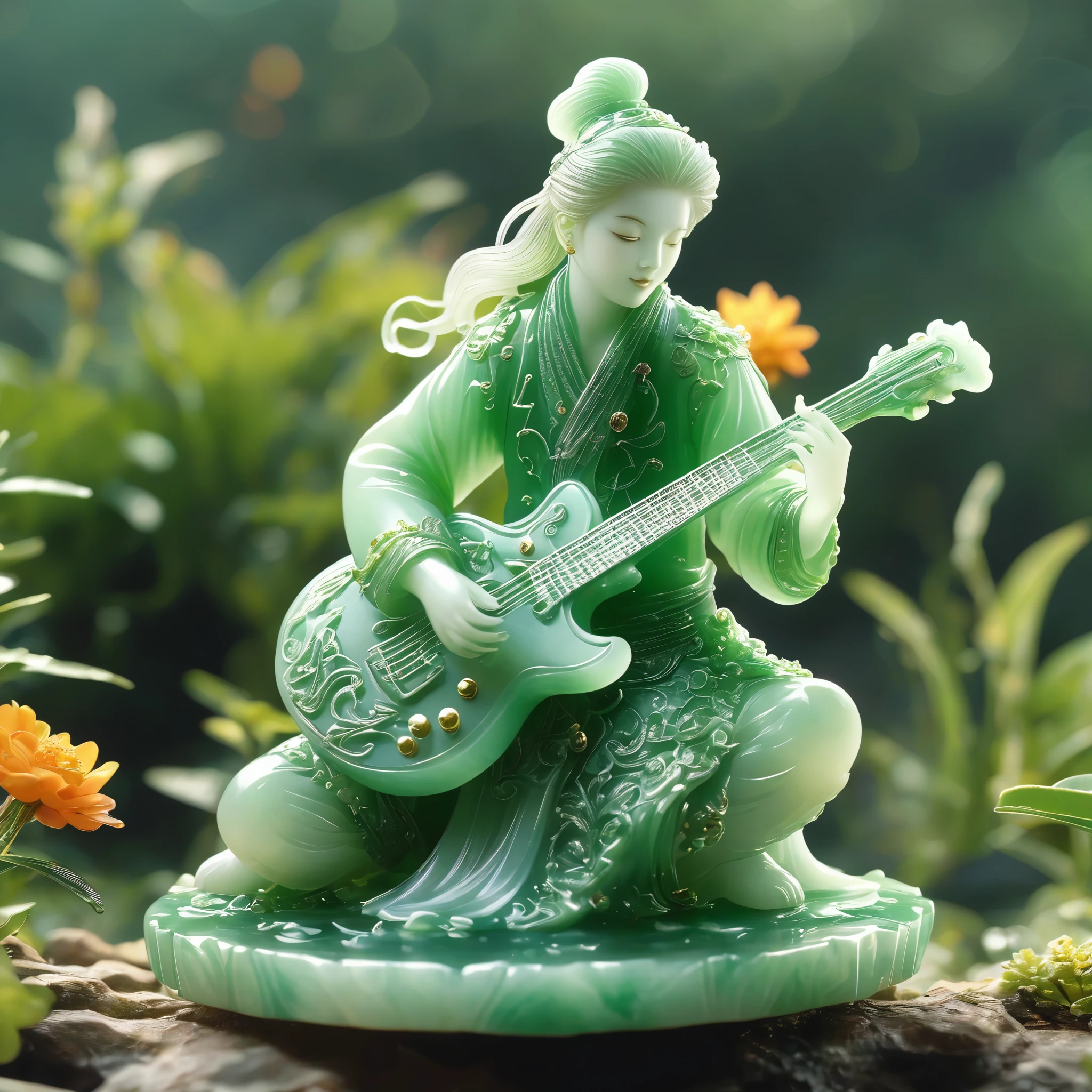 best quality, very good, 16K, ridiculous, Very detailed, charming(((Guitarist 1.3))),Made of translucent jadeite, Background grassland((A masterpiece full of fantasy elements))), ((best quality)), ((Intricate details))(8K)