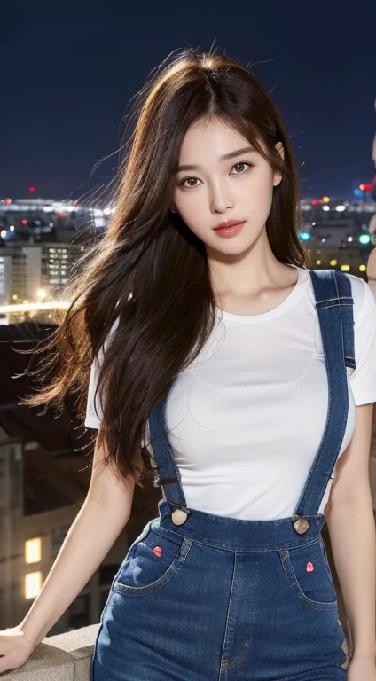 ((midnight, best quality, 8K, masterpiece :1.3)), whole body, Long legs, Clear focus :1.2, Beautiful woman with perfect body :1.4, Slim abs :1.1, ((Dark brown hair, Large Breasts :1.2)), (White Tight Tee, Overalls Jeans, permanent:1.2), ((City night scene, roof:1.3)), Highly detailed face and skin textures, delicate eyes, Double eyelids