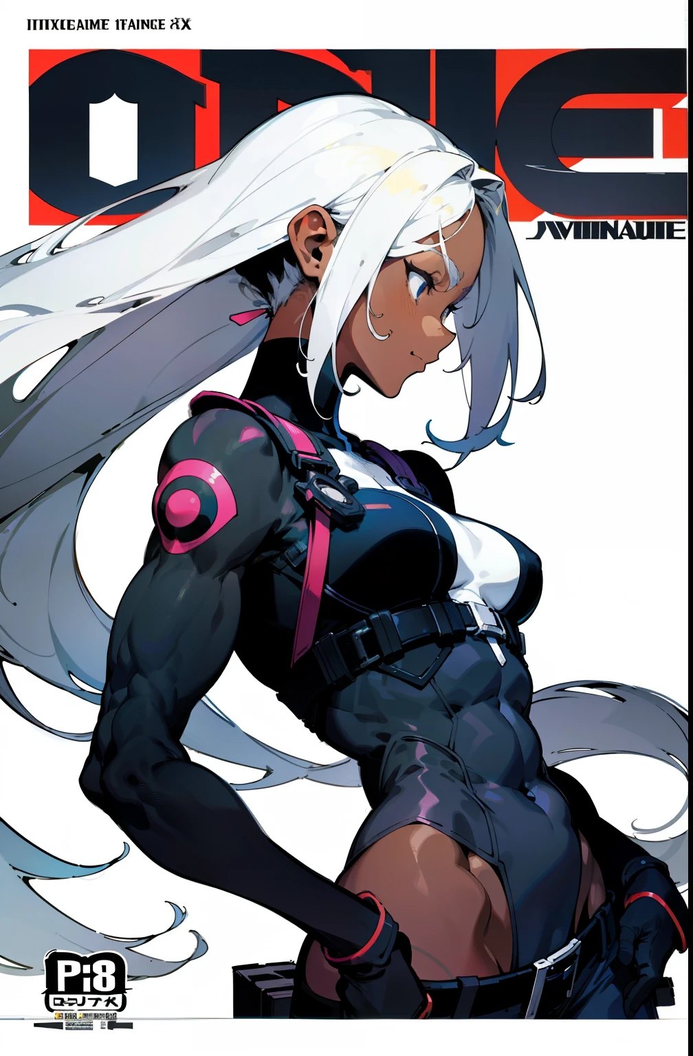background, black woman, muscular 35 years old woman, long white hair, busty, black cargo pant, excellent lighting, sidelighting, (busty), busty, busty woman, vhsKeeper,, style GUILTY GEAR -STRIVE perfect ultimate (flat color: 1.3), (magazine_cover: 1.4), striped_background, card_background, :: comix style by joe madureira ,Muscular black woman in midly tight clothes, white hair, tight yellow jacket, cargo pant, AB XCover, intricate pencil sketch, expressive eyes and nose and mouth, un-zoom, by Jim Lee right profile centered key visual intricate highly detailed breathtaking precise lineart vibrant panoramic cinematic, simple pose, white background
