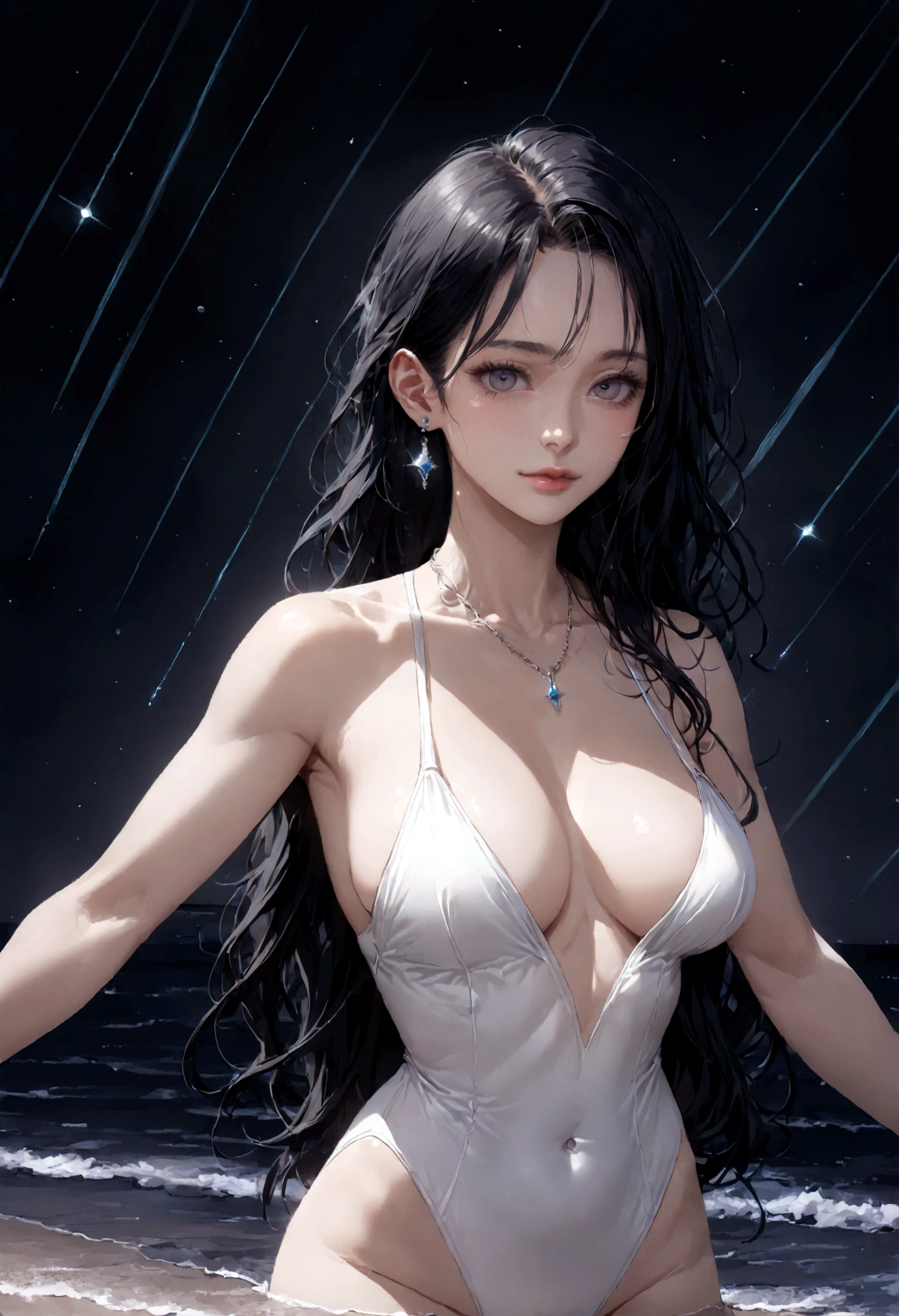 8k, masterpiece, RAW Photos, highest quality, Realistic, Very detailed, Depth of written boundary, Cinematic Light, Anatomically correct body,
One beautiful 40 year old woman, Very beautiful face, Exquisitely detailed face, (A calm and gentle face:1.4), Very delicate skin texture, Transparent muscle, Shiny white skin, Glamorous Body,
(Wavy black long hair:1.2), (Sexy Breasts:1.1),
(White leotard swimsuit:1.2), (Detailed cloth texture:1.2), (Gorgeous necklace:1.1), (Gorgeous earrings:1.1),
(Dark starry background:1.4), (Milky Way:1.1), (milky way:1.1), (shooting star:1.1), (Dark coastline at night:1.4), (Pitch black sea surface:1.4),
(Standing in shallow water on a sandy beach:1.2),
(Upper body close-up:1.2),