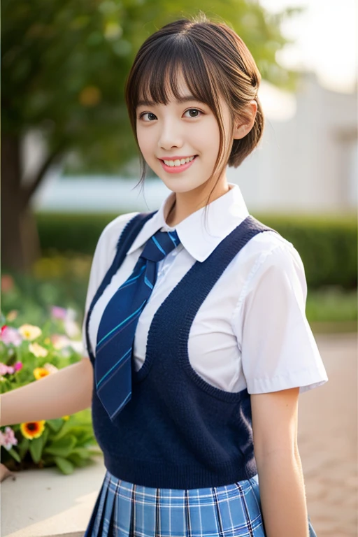 (((full bodyesbian)))、((Girls' High School Uniforms))、((1a person))、ponytail、short-hair、Close to the subject、((a school flower beds)))、(((ssmile)))、(((Girls' High School)))、((a beauty girl))、((natural pose))、Photorealsitic、Beautiful detailed eyes、Hyper-Realism、highcontrast、Ultra HD、realistic skin textures、Top image quality、top-quality、超A high resolution、Fine details、Very meticulously、bokeh、well-endowed round bosom