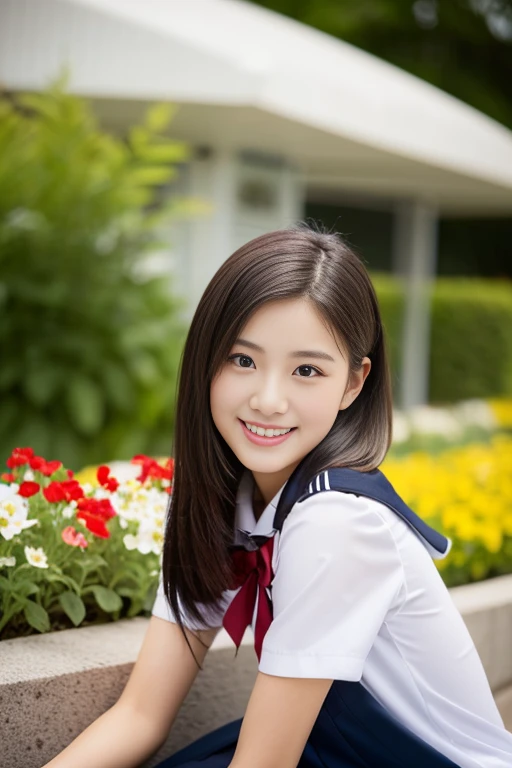 (((full bodyesbian)))、((Girls' High School Uniforms))、((1a person))、ponytail、short-hair、Close to the subject、((a school flower beds)))、(((ssmile)))、(((Girls' High School)))、((a beauty girl))、((natural pose))、Photorealsitic、Beautiful detailed eyes、Hyper-Realism、highcontrast、Ultra HD、realistic skin textures、Top image quality、top-quality、超A high resolution、Fine details、Very meticulously、bokeh、well-endowed round bosom