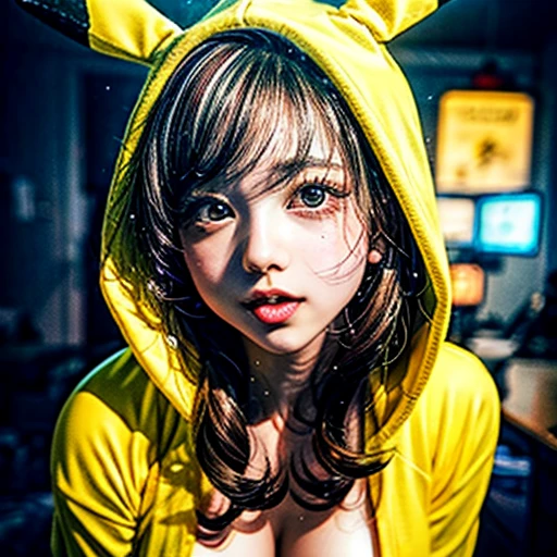 NSFW, (Girl in ((Yellow)) Pikachu hood), (naked hoodie, hood loosely open) . masterpiece 8K best quality, (RAW PhotoRealistic HyperRealism:1.37) Ultra-detailed, (Acutance:0.85), VolumetricLighting, (Studio) gray background with (Blurred colorful Lights dazzling bokeH:1.28), { (Overflowing Gigantic Cleavage;1.2) | Navel | (Golden ray illuminating face) | (Photon Particles:0.95) } . BREAK . (((Extremely detailed KAWAII face))), perfect anatomy, Childish, CaptivatingGaze, Elaborate detailed Eyes with (Sparkling Highlights:1.28), Beautifull Pupils, (Voluminous Long Eyelashes:0.88)、Glossy Lips, Rosy Cheeks, (Flawless FineSkin, Radiant PearlSkin with Transparency) . { (joyful expressions:1.28) | (:d) }, (Large eyes:-1) . ((leaning forward with DownBlouse))