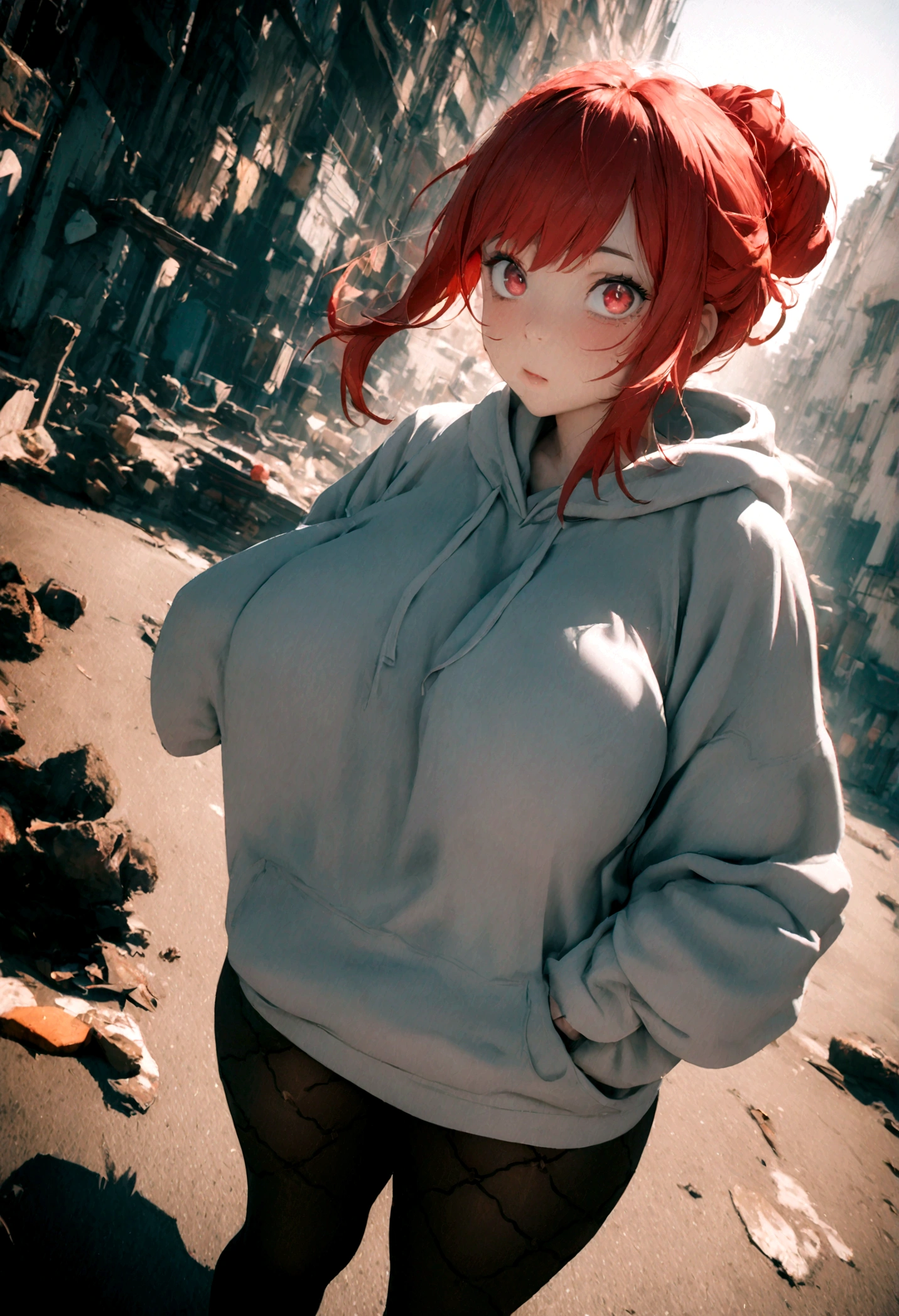 1 girl, Redhead, Updo, Facial hair streaks, Red eyes, mascara, Oversized hoodie, abdomen, hot pants, tights, laced tights, Sagging under the eyes,  Ground angle shot, Viewers looking up, feet in tights, Saggy breasts, Impact, RAW Photos, 8k, masterpiece,