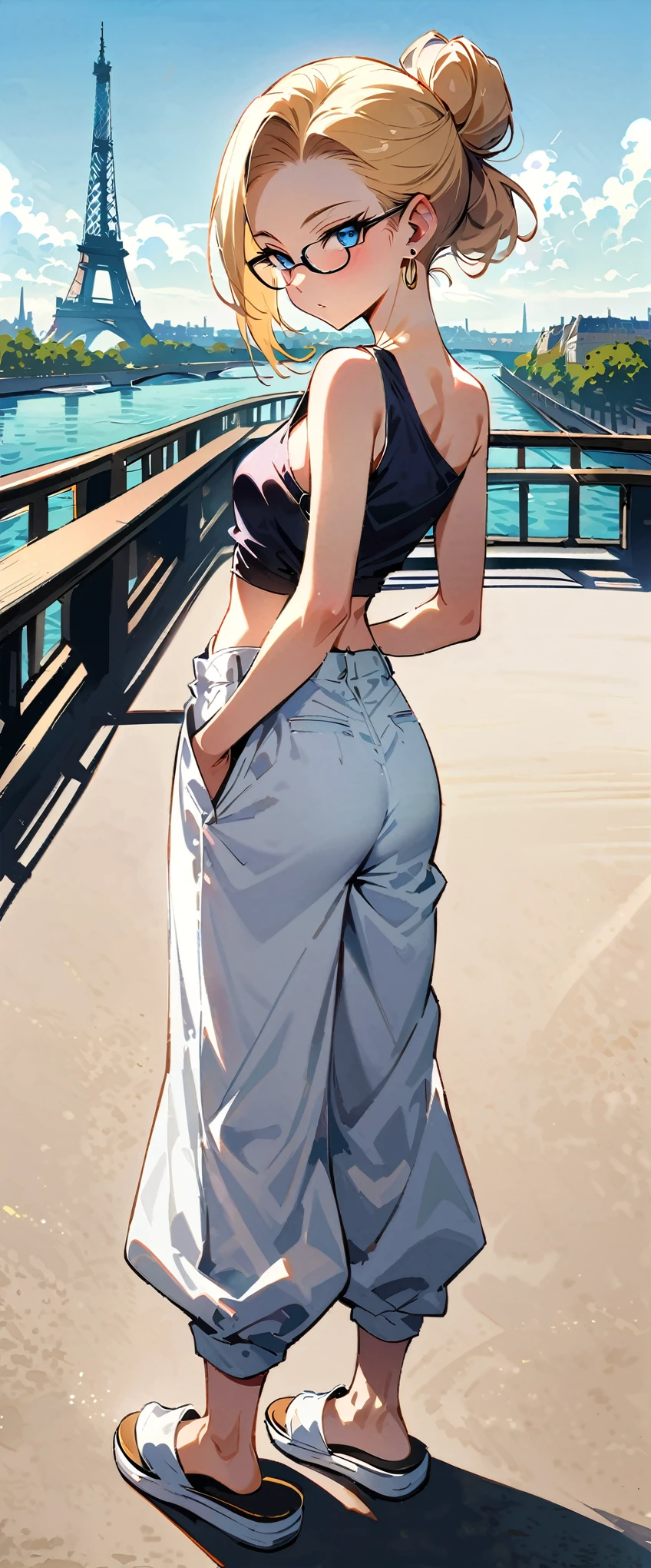 (masterpiece, best quality:1.2), full body, solo, Android 18 from Dragon Ball, ((slip-on one-shoulder crop top)), (light gray top:1.2), ((white baggy pants with one button undone)), strings of thong underwear slightly visible, small breasts, blonde hair, (single hair bun), ((blue eyes)), ((wearing glasses)), earrings on earlobes, slender feminine figure, narrow waistline, skinny body, beach sandals, shot from behind, looking back, back view, light blush, arms behind back, backless crop top, standing on a cruise ship, cruising, the Seine, the Eiffel Tower, Paris, natural lighting and shadows, magnificent view, blur background, 4K